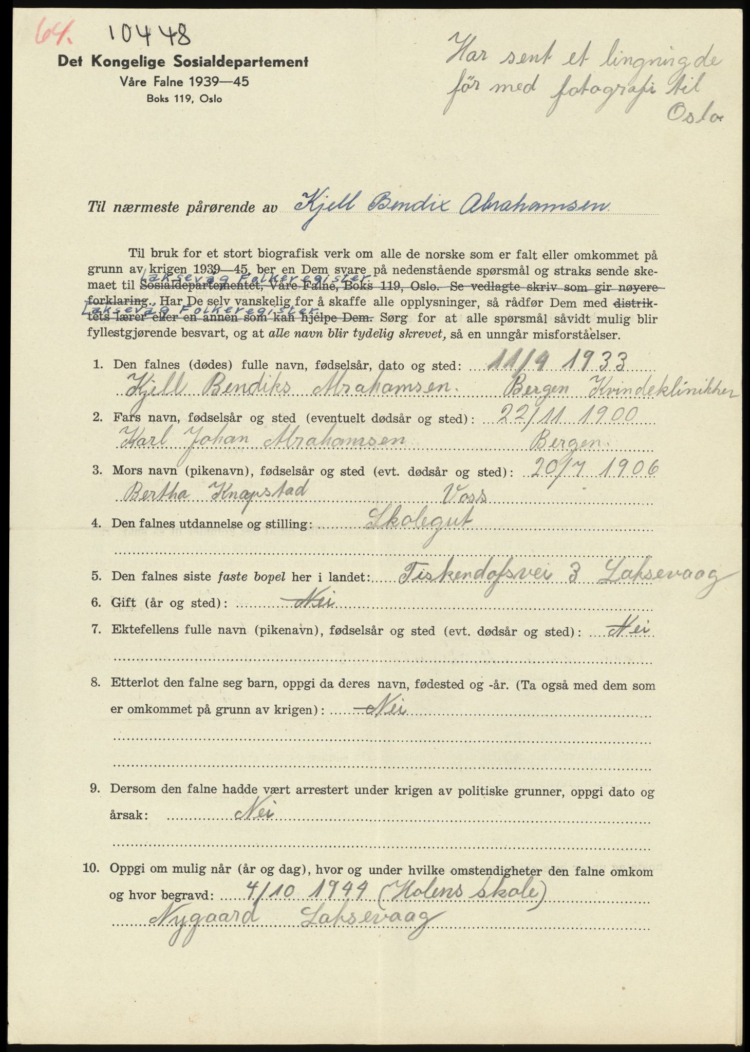 Sosialdepartementet, Våre Falne, RA/S-1708/E/Ee/L0025: Personmapper: Abelsen 01 - Amundsen, H. 65, 1945-1951, p. 221