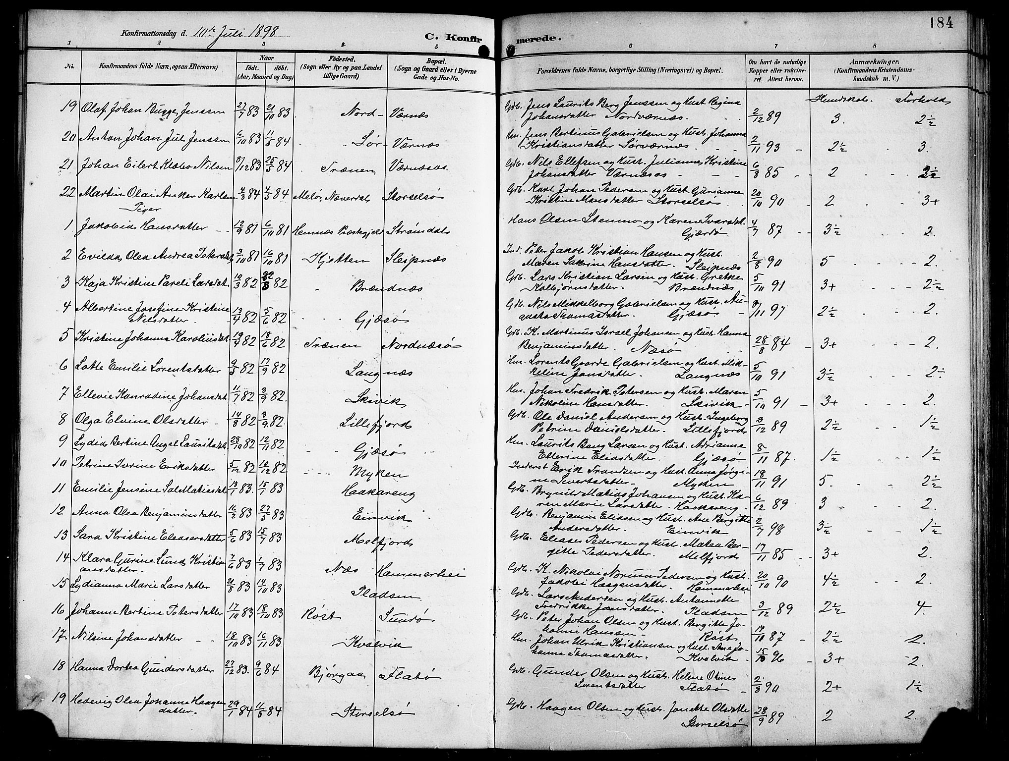 Ministerialprotokoller, klokkerbøker og fødselsregistre - Nordland, AV/SAT-A-1459/841/L0621: Parish register (copy) no. 841C05, 1897-1923, p. 184