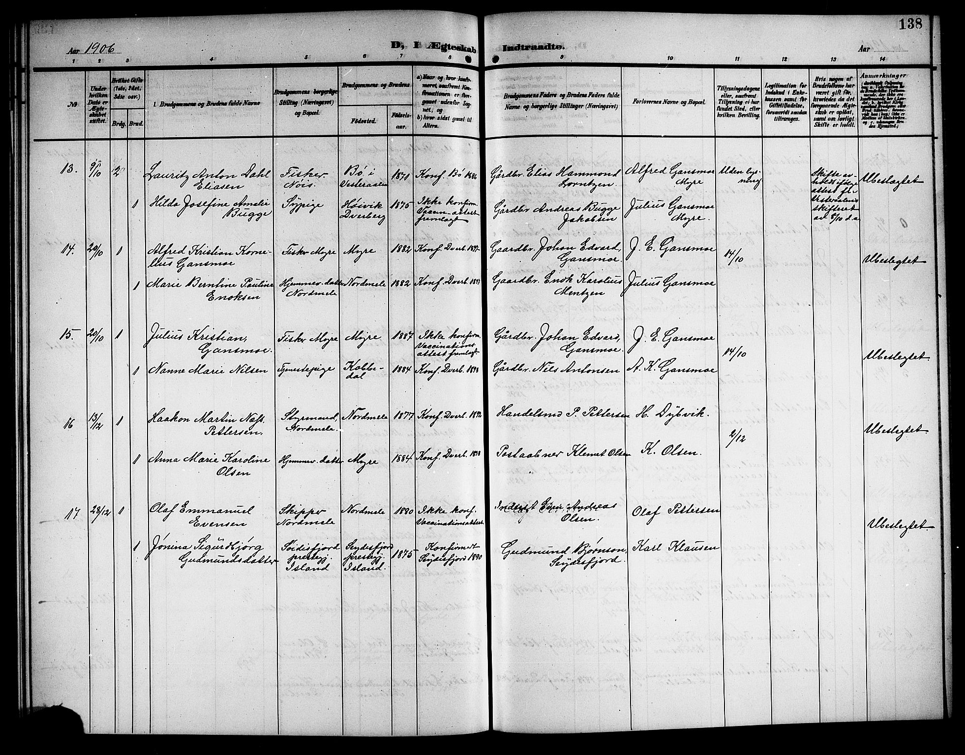 Ministerialprotokoller, klokkerbøker og fødselsregistre - Nordland, AV/SAT-A-1459/897/L1414: Parish register (copy) no. 897C04, 1904-1915, p. 138