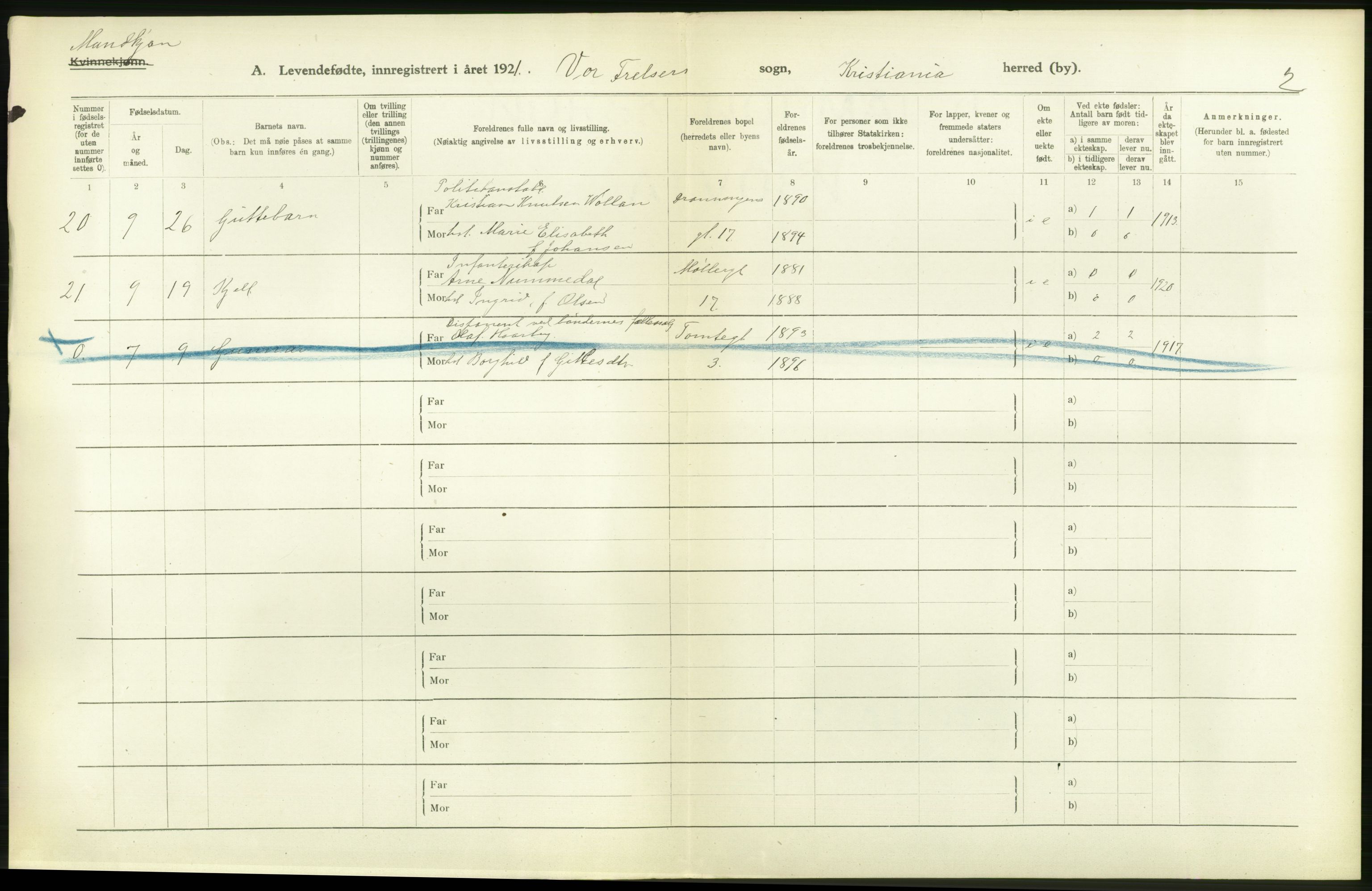 Statistisk sentralbyrå, Sosiodemografiske emner, Befolkning, RA/S-2228/D/Df/Dfc/Dfca/L0009: Kristiania: Levendefødte menn og kvinner., 1921, p. 400