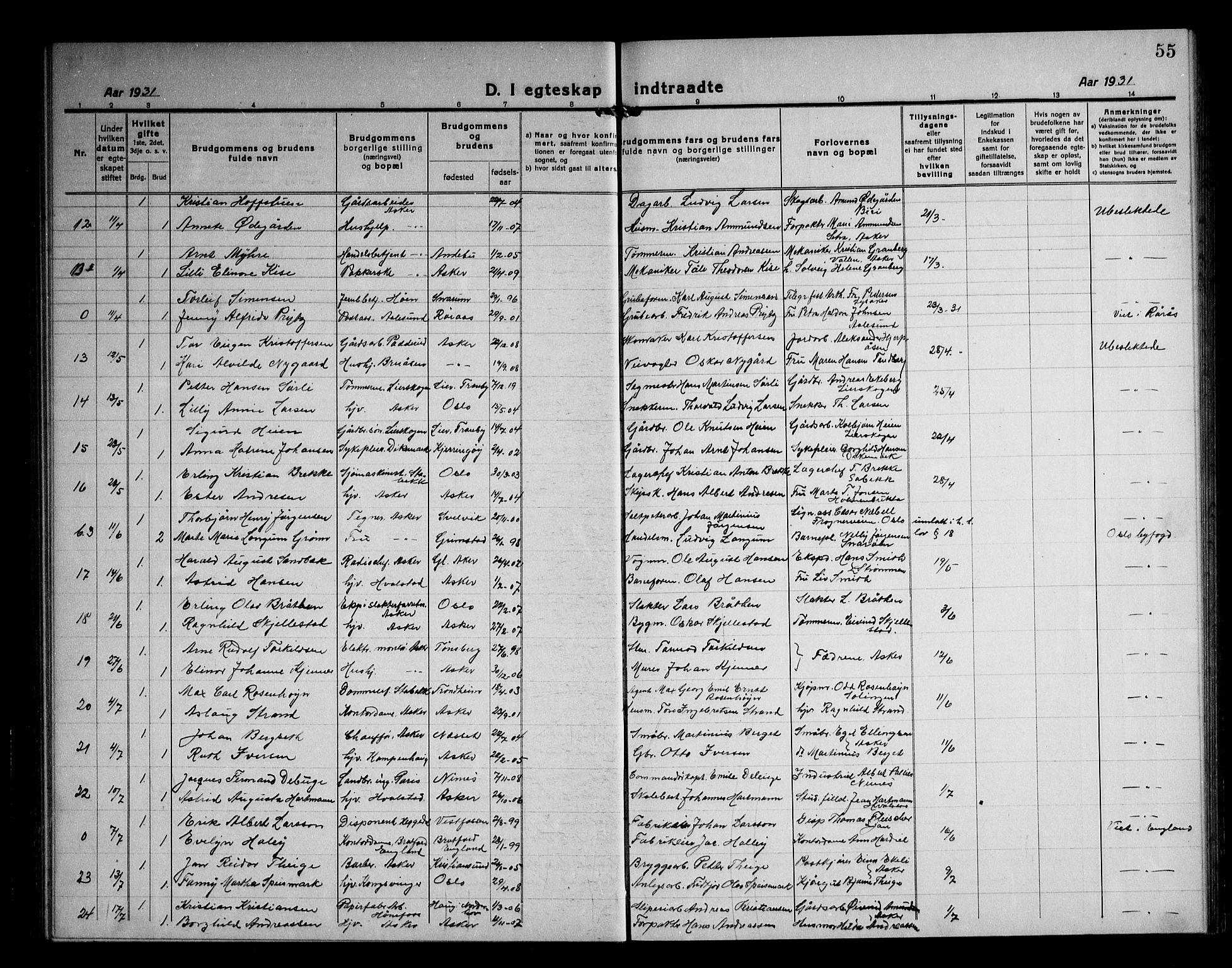 Asker prestekontor Kirkebøker, AV/SAO-A-10256a/F/Fa/L0020: Parish register (official) no. I 20, 1918-1948, p. 55