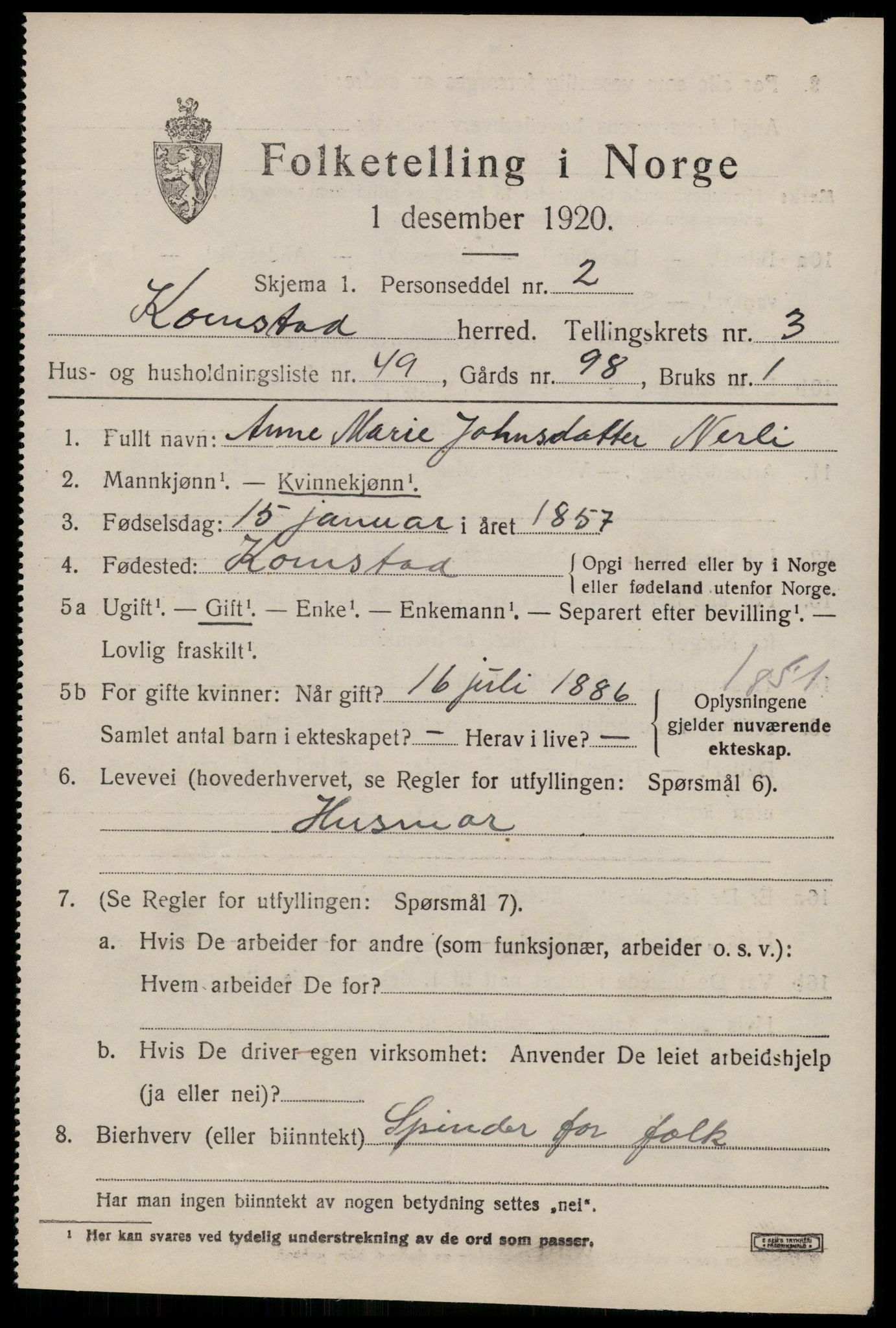 SAT, 1920 census for Kornstad, 1920, p. 2493