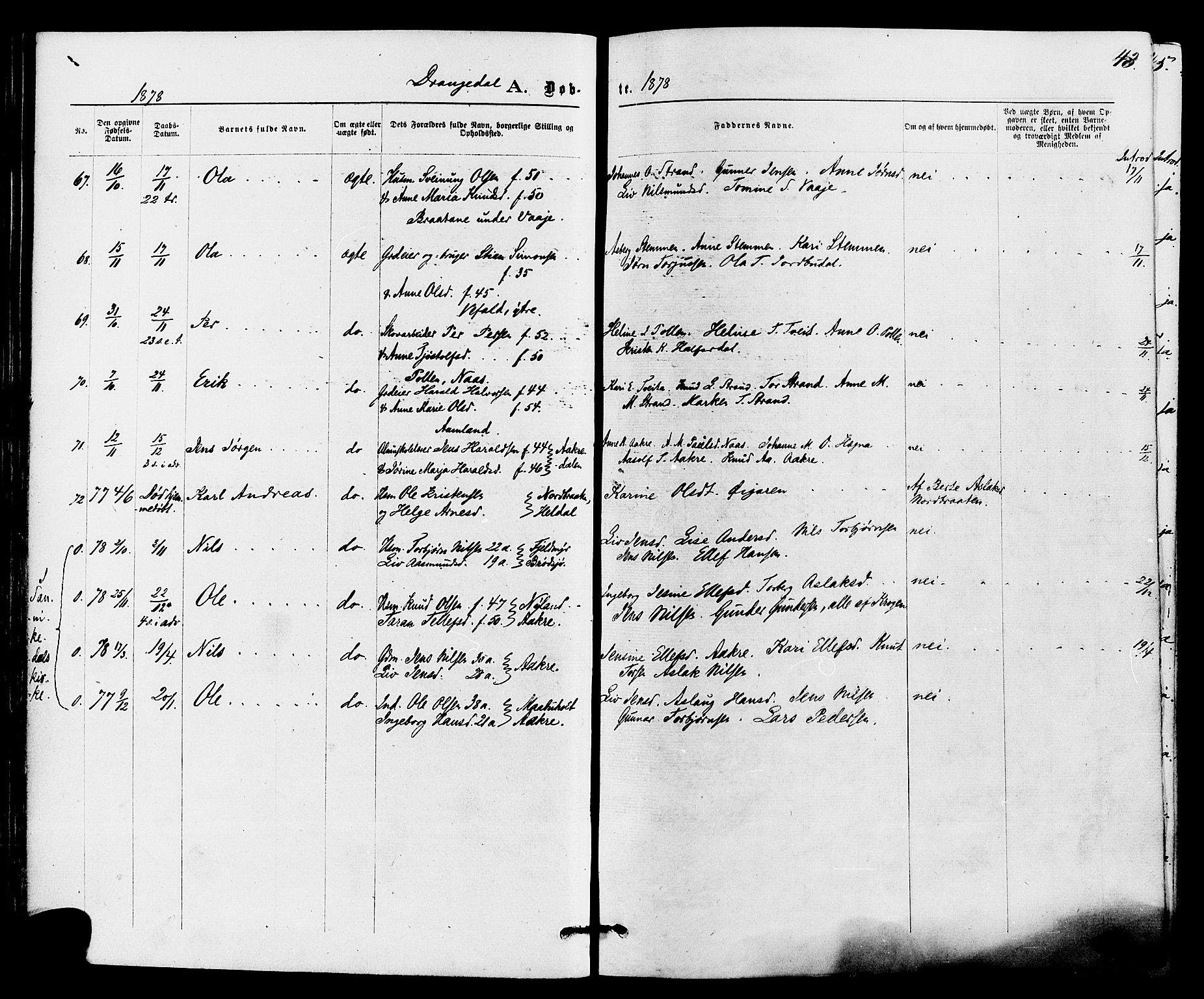 Drangedal kirkebøker, AV/SAKO-A-258/F/Fa/L0009: Parish register (official) no. 9 /1, 1872-1884, p. 43