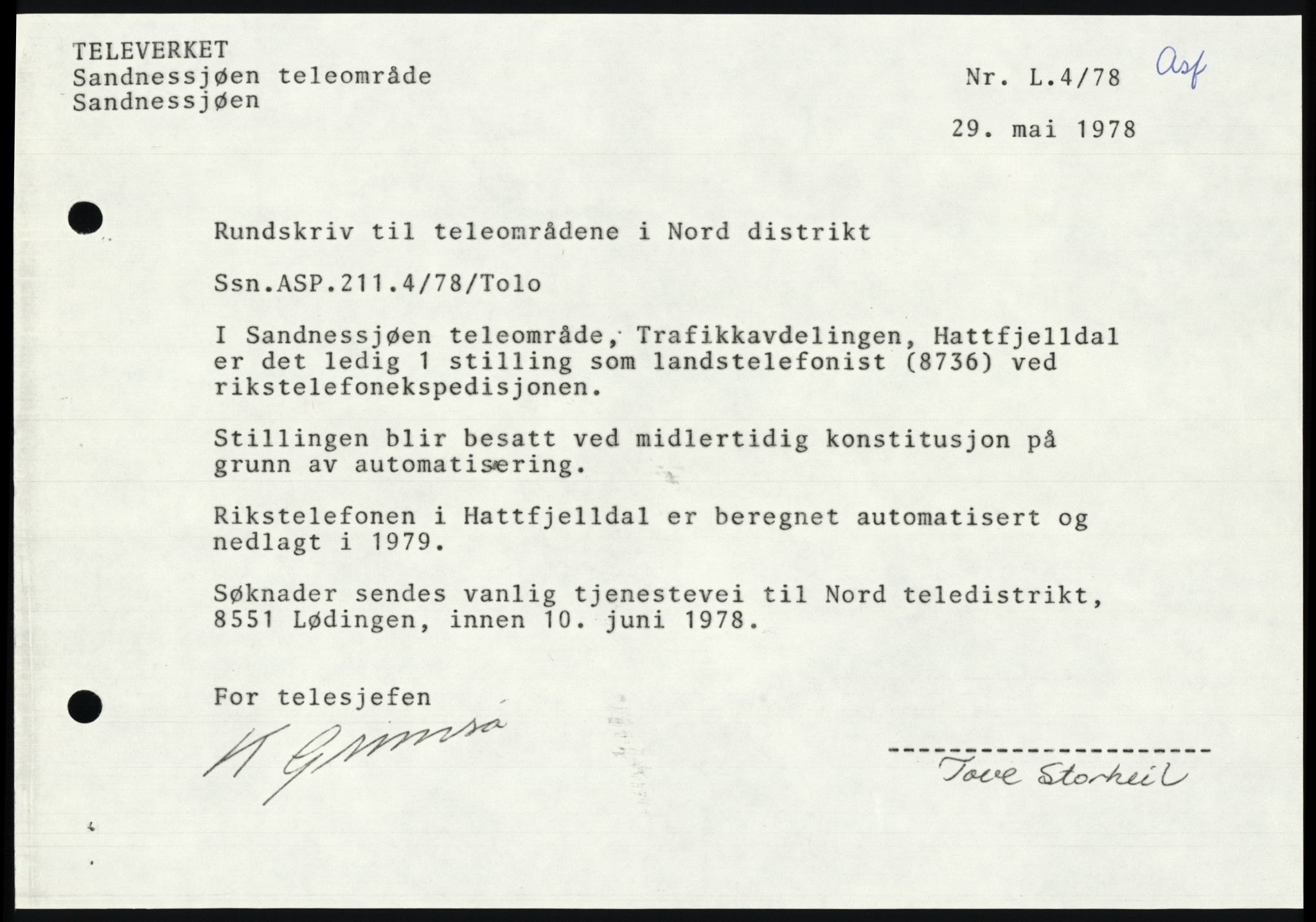 Televerket, Sandnessjøen teleområde, AV/SAT-A-5303/F/L0056: Lokale rundskriv (L-rundskriv), 1977-1995, p. 10