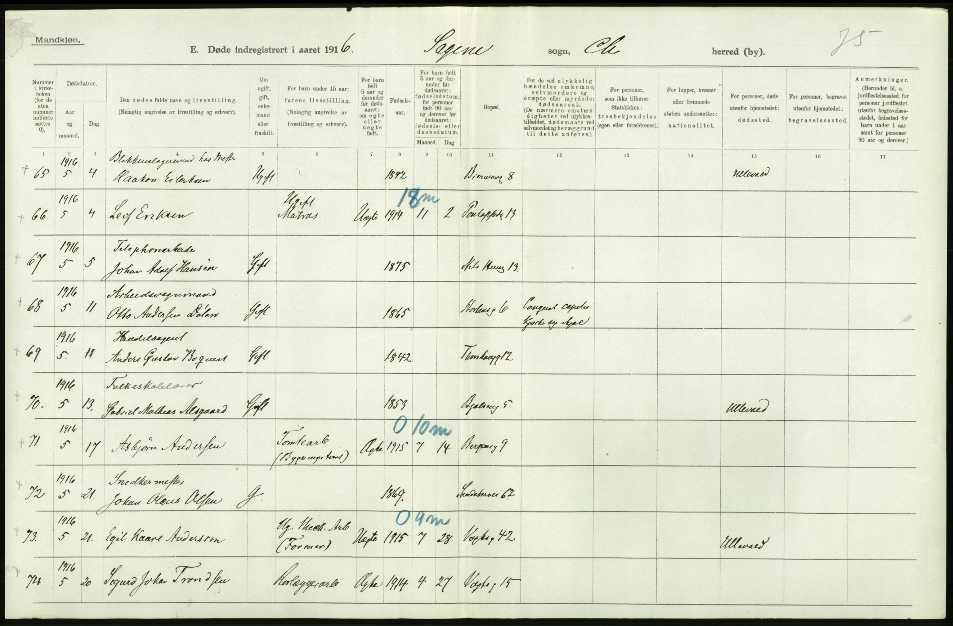 Statistisk sentralbyrå, Sosiodemografiske emner, Befolkning, AV/RA-S-2228/D/Df/Dfb/Dfbf/L0010: Kristiania: Døde, dødfødte., 1916, p. 238