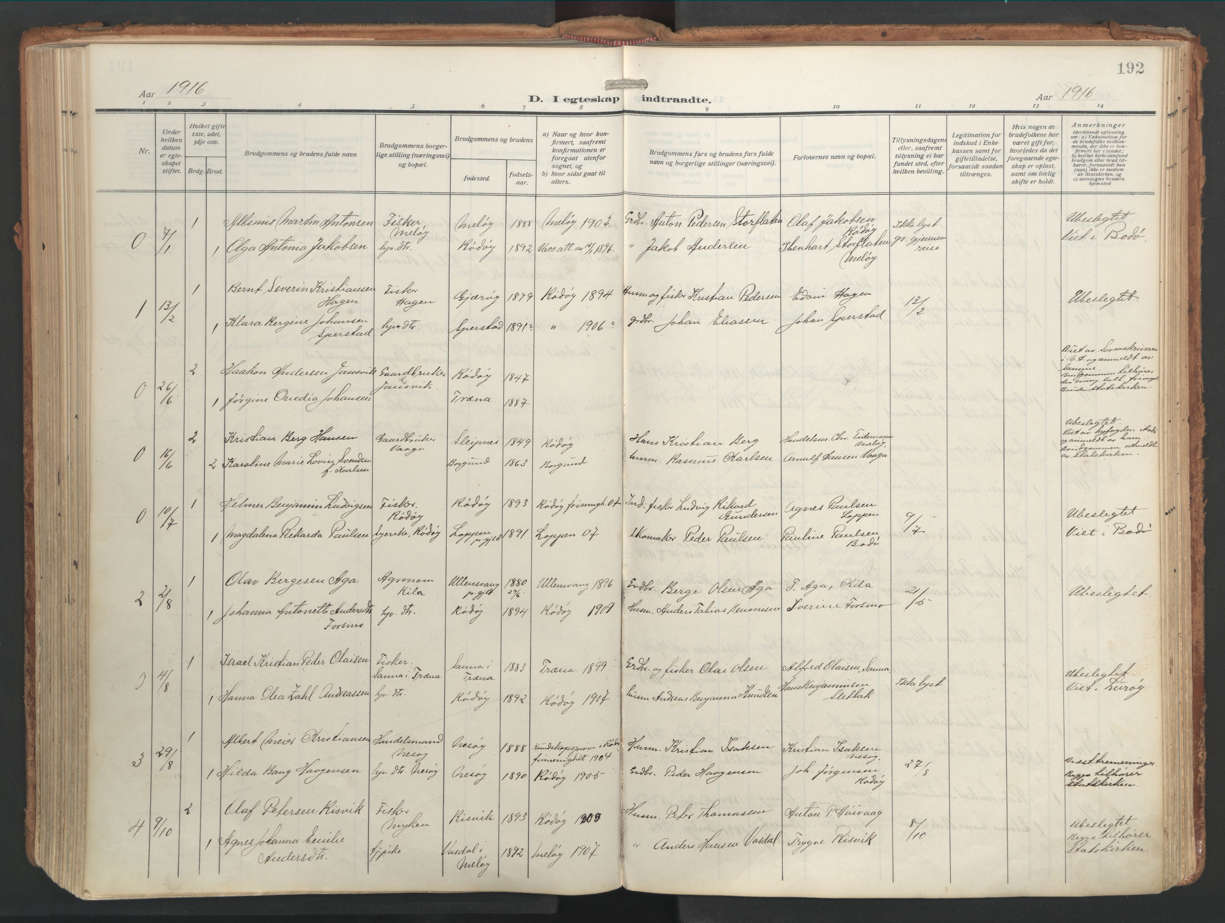 Ministerialprotokoller, klokkerbøker og fødselsregistre - Nordland, SAT/A-1459/841/L0614: Parish register (official) no. 841A17, 1911-1925, p. 192