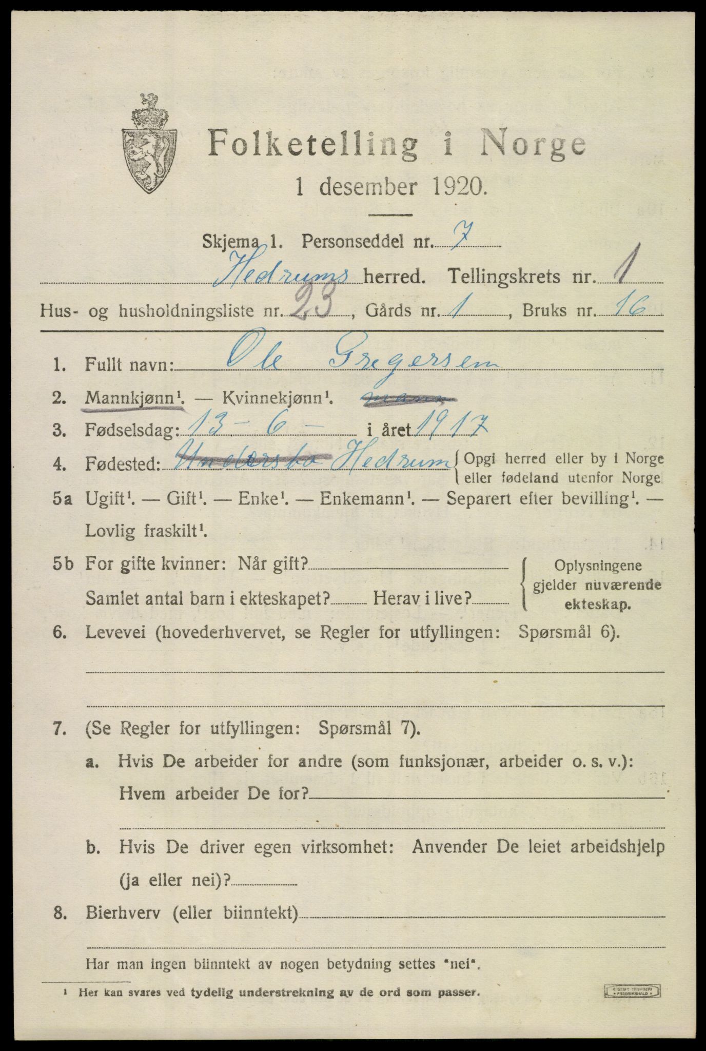 SAKO, 1920 census for Hedrum, 1920, p. 2307