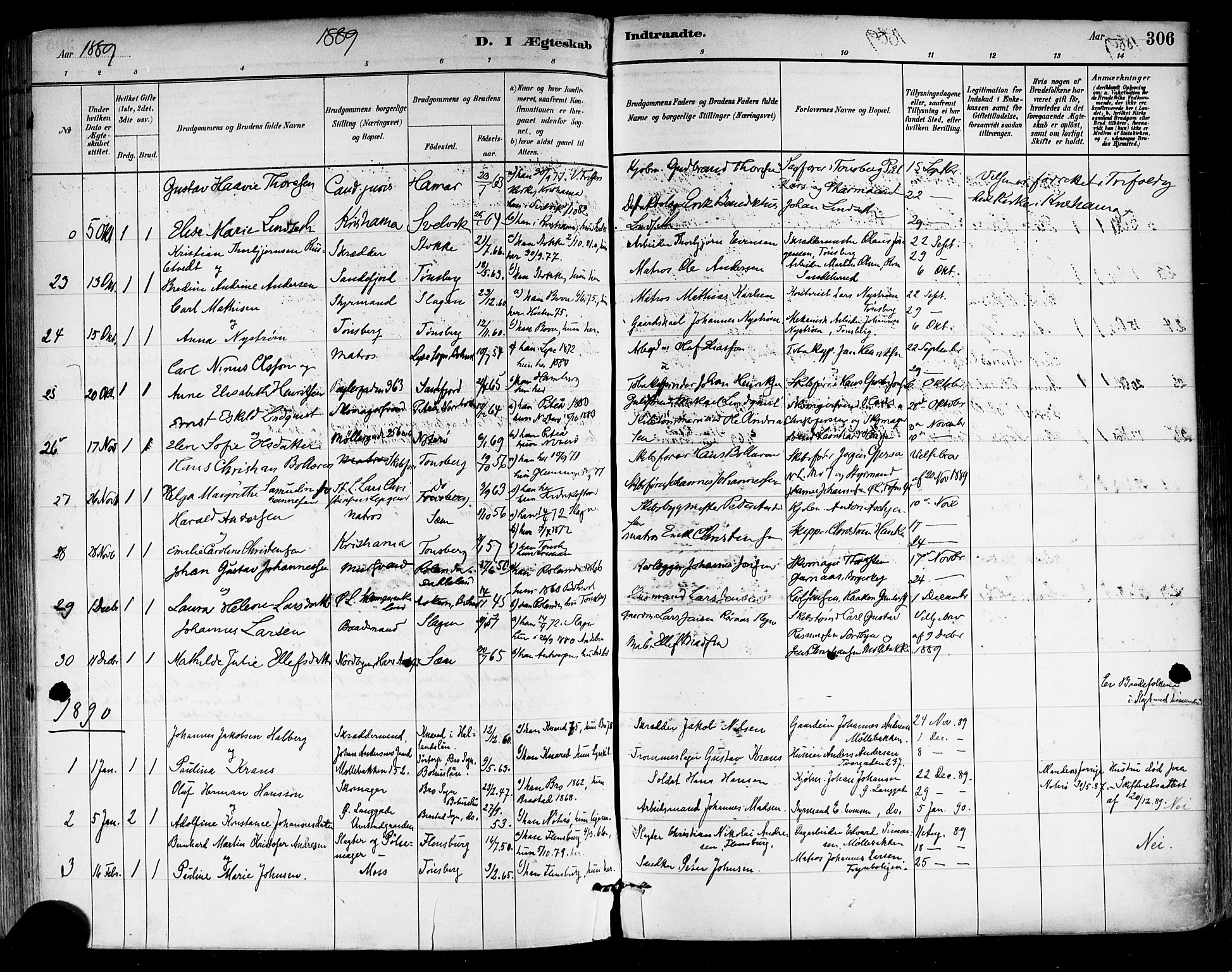 Tønsberg kirkebøker, SAKO/A-330/F/Fa/L0011: Parish register (official) no. I 11, 1881-1890, p. 306