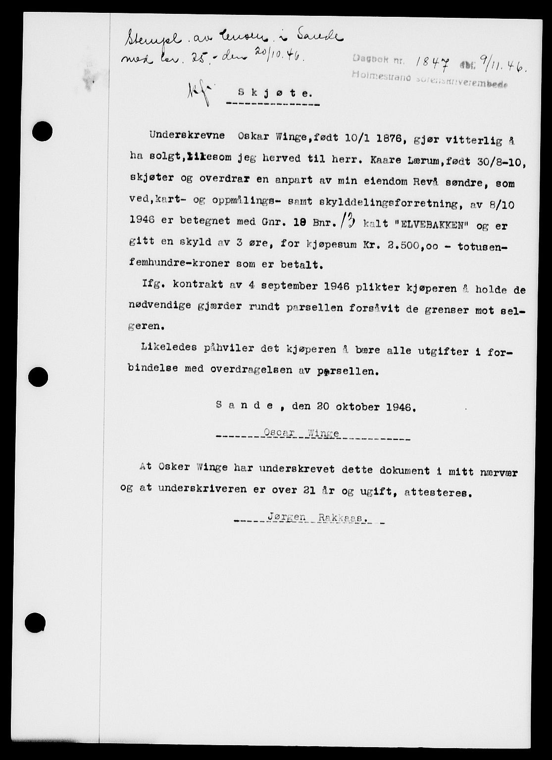 Holmestrand sorenskriveri, AV/SAKO-A-67/G/Ga/Gaa/L0061: Mortgage book no. A-61, 1946-1947, Diary no: : 1847/1946