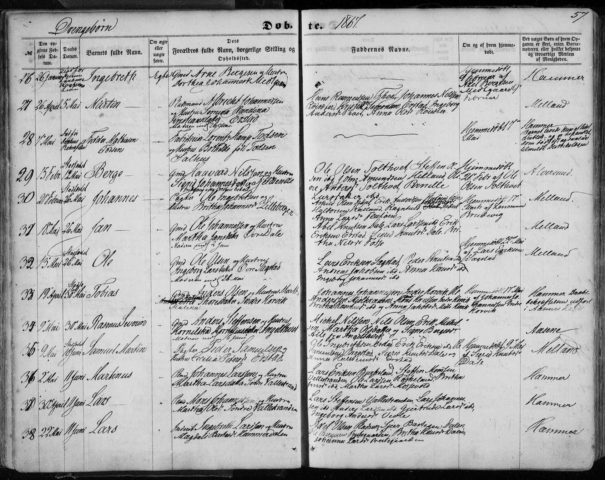 Hamre sokneprestembete, AV/SAB-A-75501/H/Ha/Haa/Haaa/L0014: Parish register (official) no. A 14, 1858-1872, p. 57