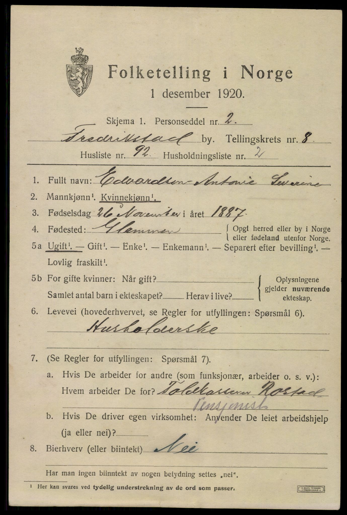 SAO, 1920 census for Fredrikstad, 1920, p. 25063