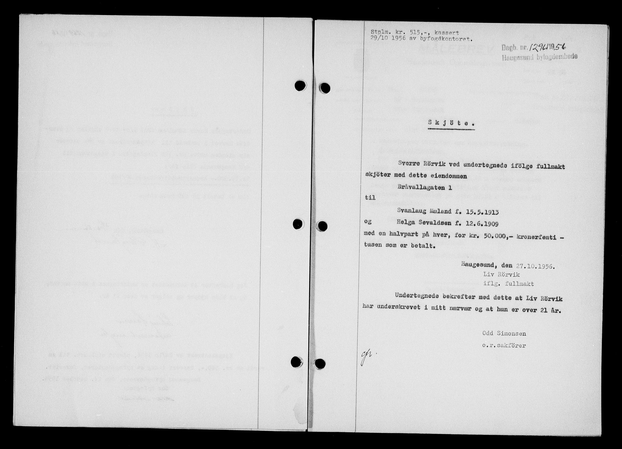 Haugesund tingrett, SAST/A-101415/01/II/IIC/L0068: Mortgage book no. A 9, 1956-1958, Diary no: : 1296/1956