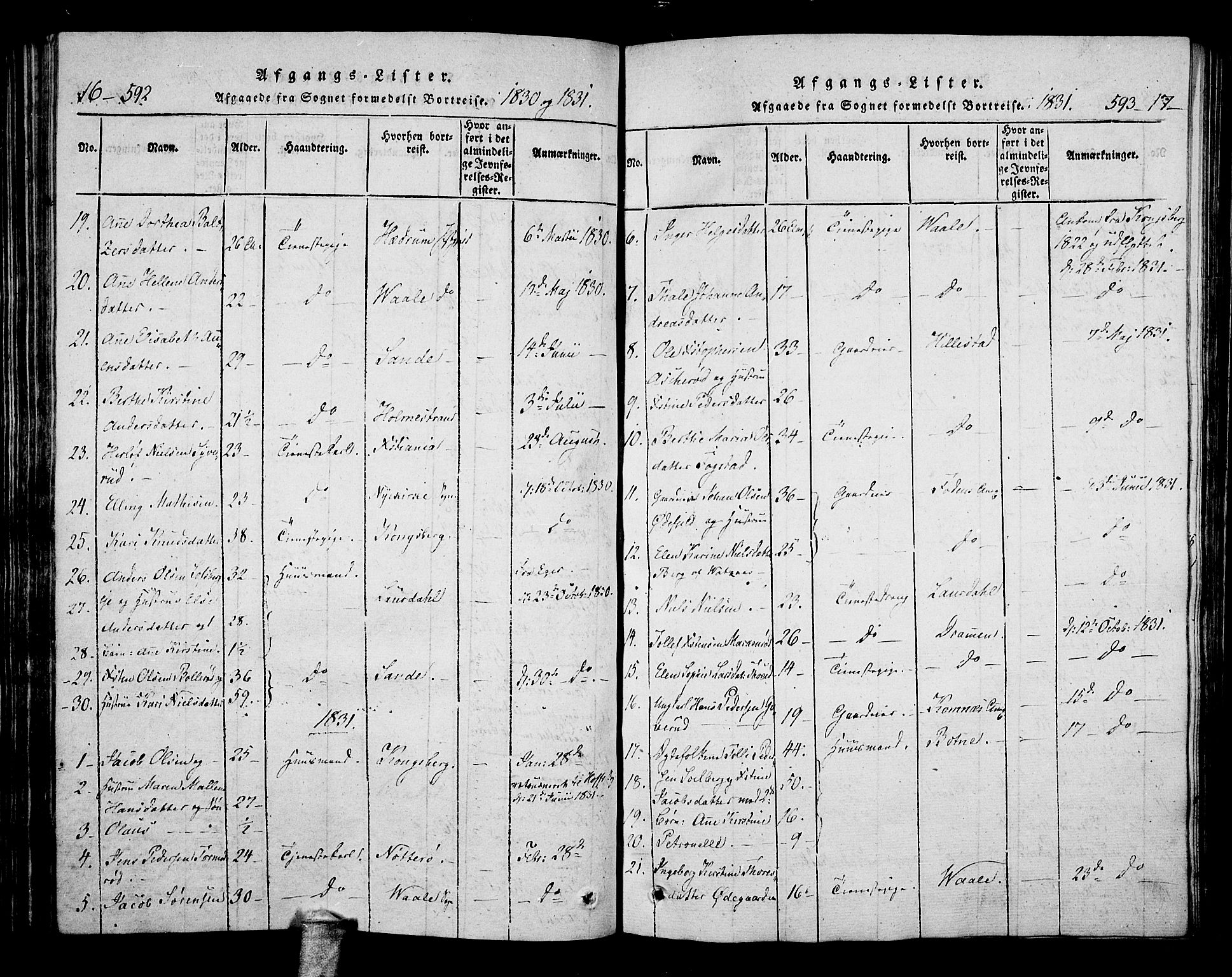 Hof kirkebøker, AV/SAKO-A-64/F/Fa/L0004: Parish register (official) no. I 4, 1814-1843, p. 592-593