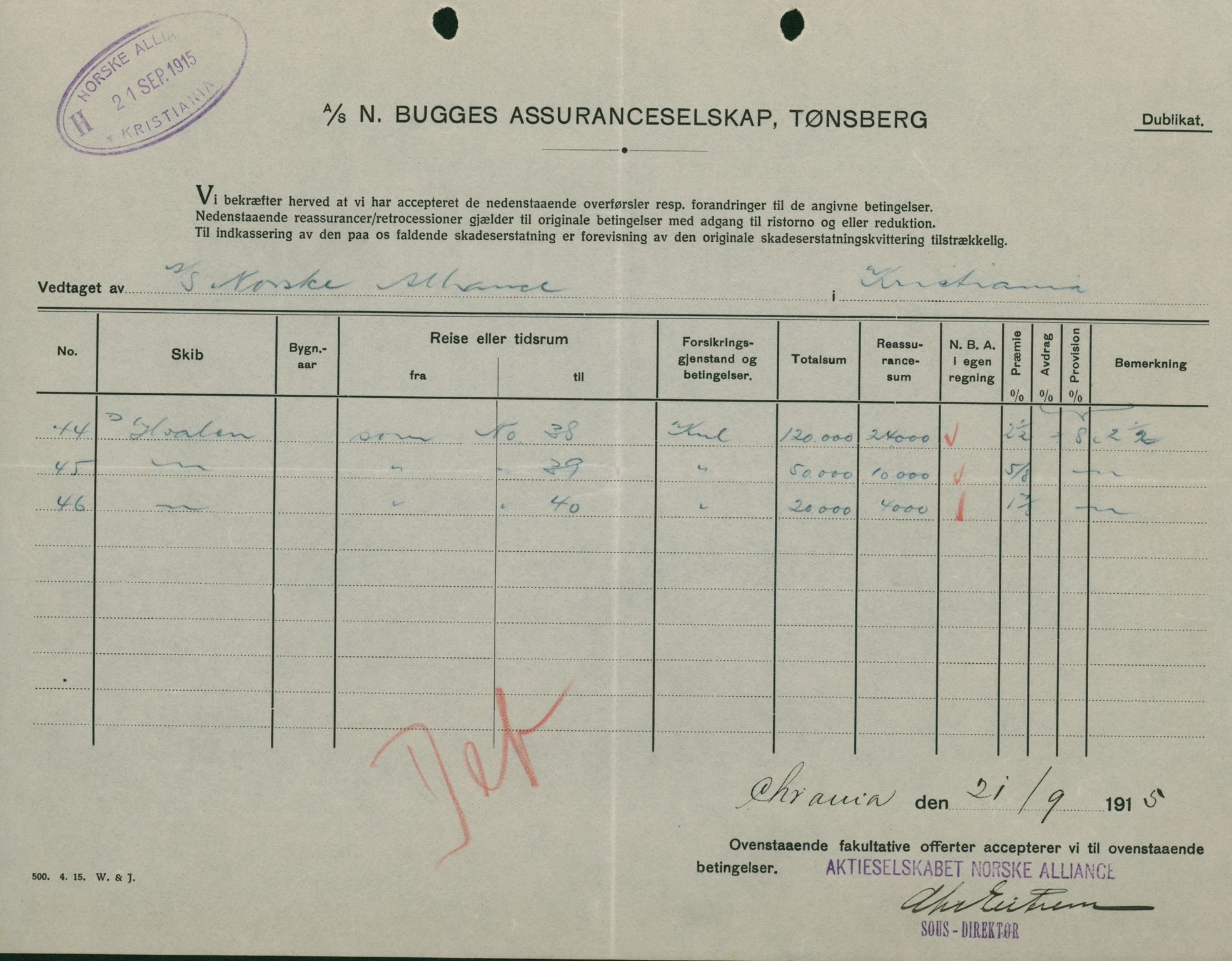 Pa 664 - Tønsberg Sjøforsikringsselskap, VEMU/A-1773/F/L0001: Forsikringspoliser, 1915-1918