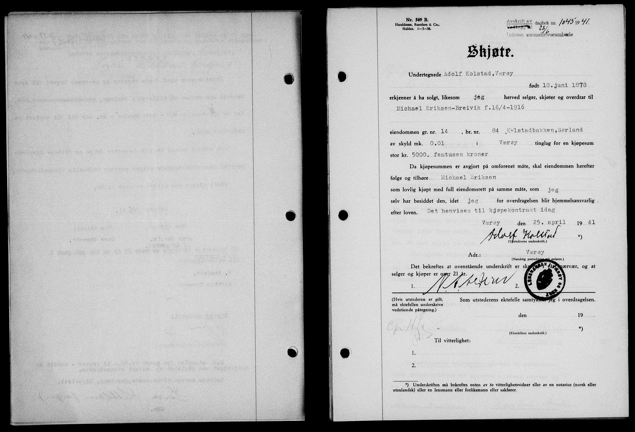 Lofoten sorenskriveri, SAT/A-0017/1/2/2C/L0008a: Mortgage book no. 8a, 1940-1941, Diary no: : 1045/1941