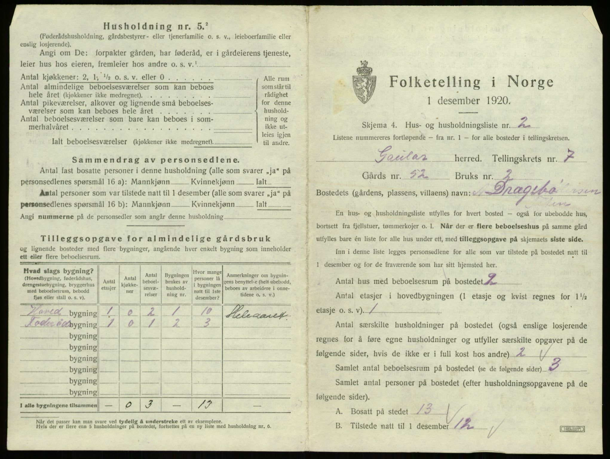 SAB, 1920 census for Gaular, 1920, p. 476