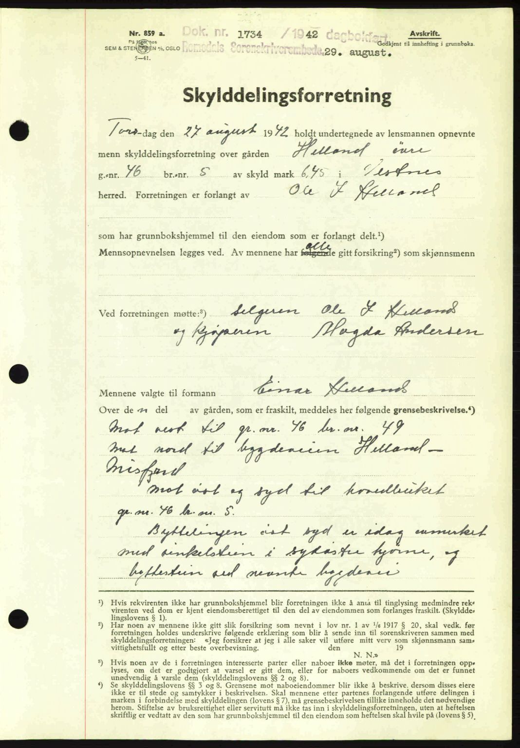 Romsdal sorenskriveri, AV/SAT-A-4149/1/2/2C: Mortgage book no. A12, 1942-1942, Diary no: : 1734/1942