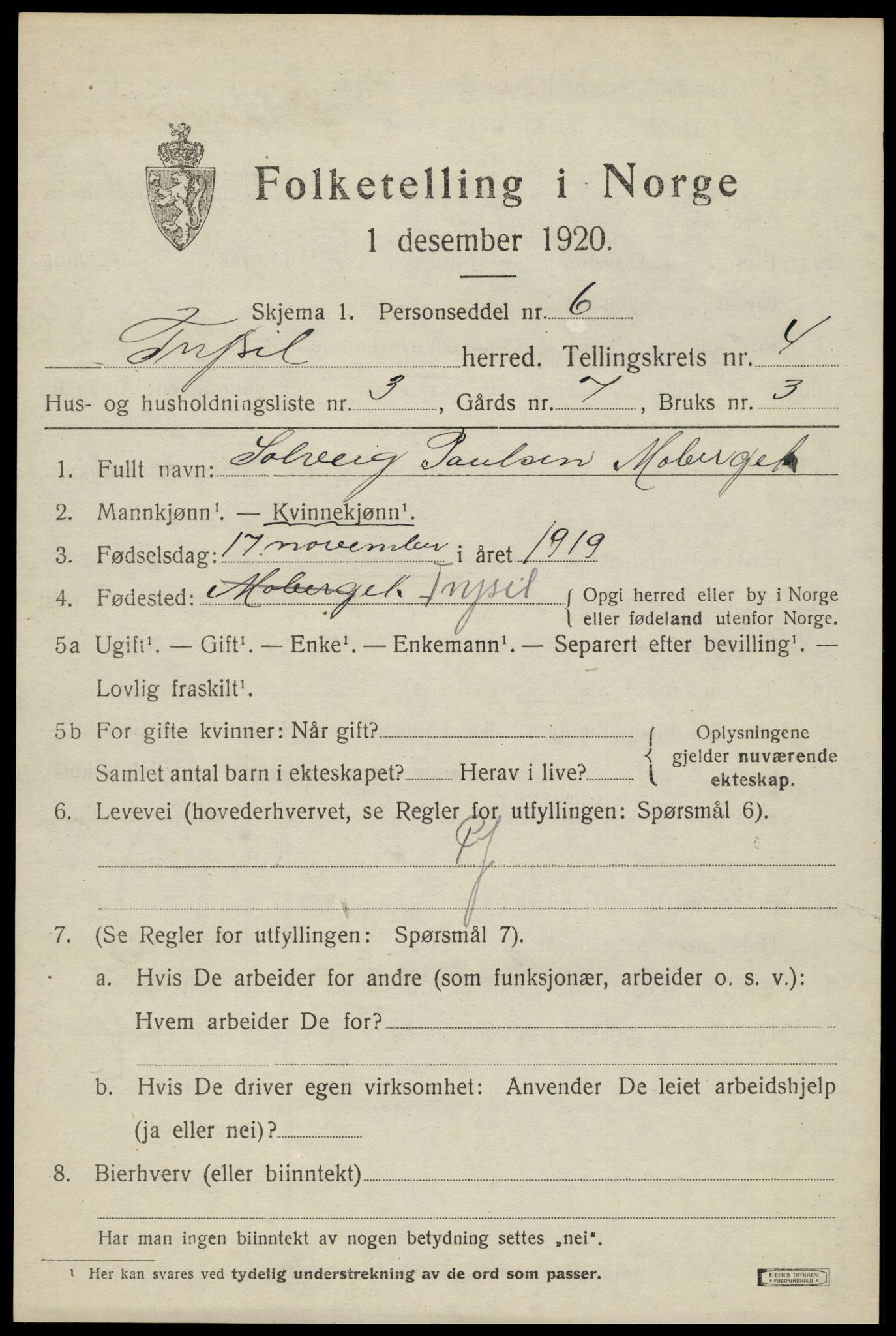 SAH, 1920 census for Trysil, 1920, p. 4113