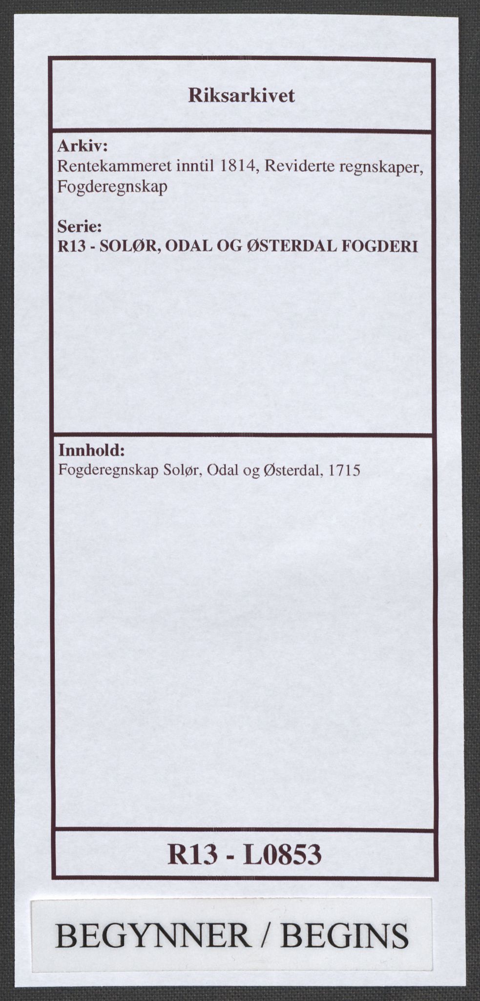 Rentekammeret inntil 1814, Reviderte regnskaper, Fogderegnskap, AV/RA-EA-4092/R13/L0853: Fogderegnskap Solør, Odal og Østerdal, 1715, p. 1