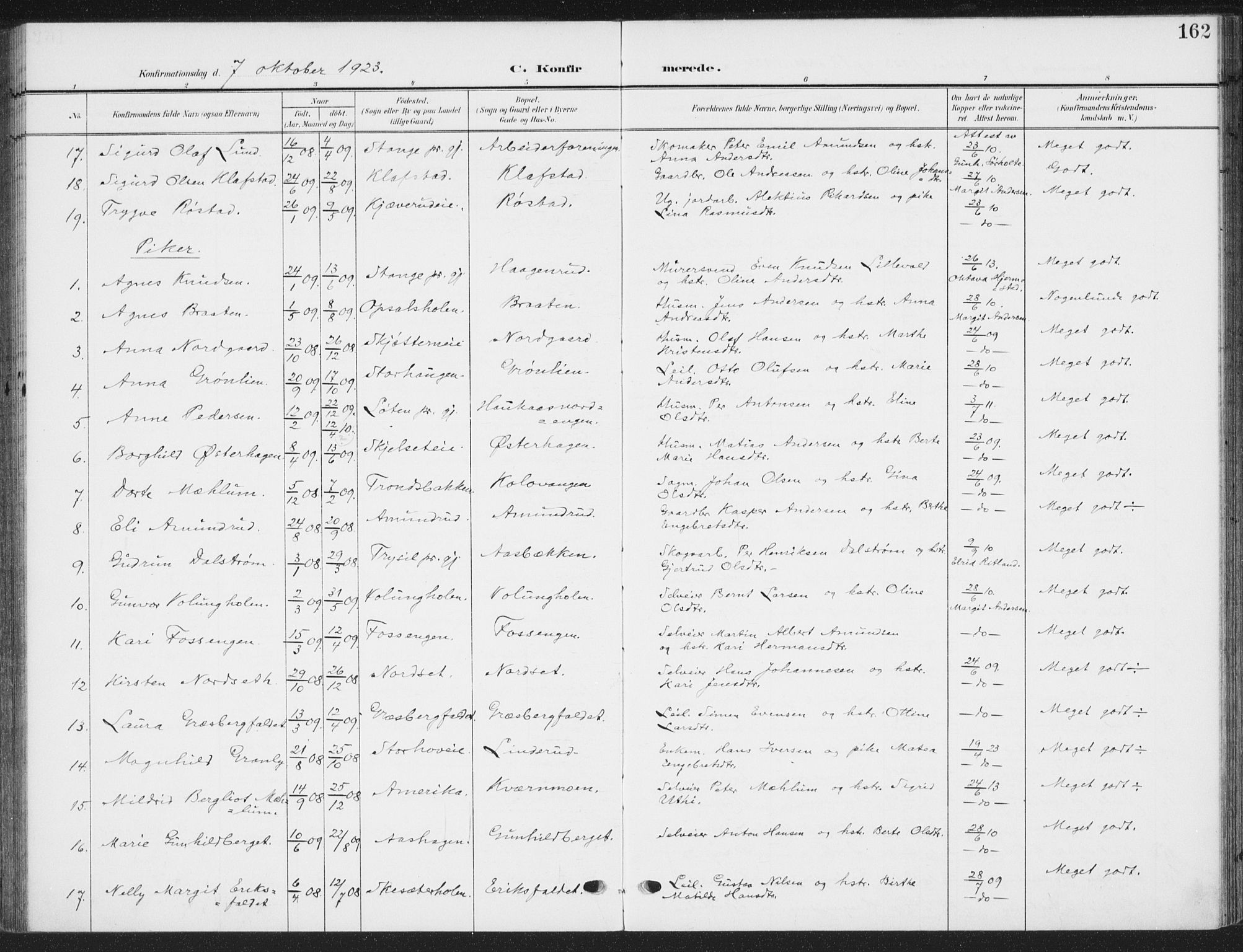 Romedal prestekontor, AV/SAH-PREST-004/K/L0009: Parish register (official) no. 9, 1906-1929, p. 162