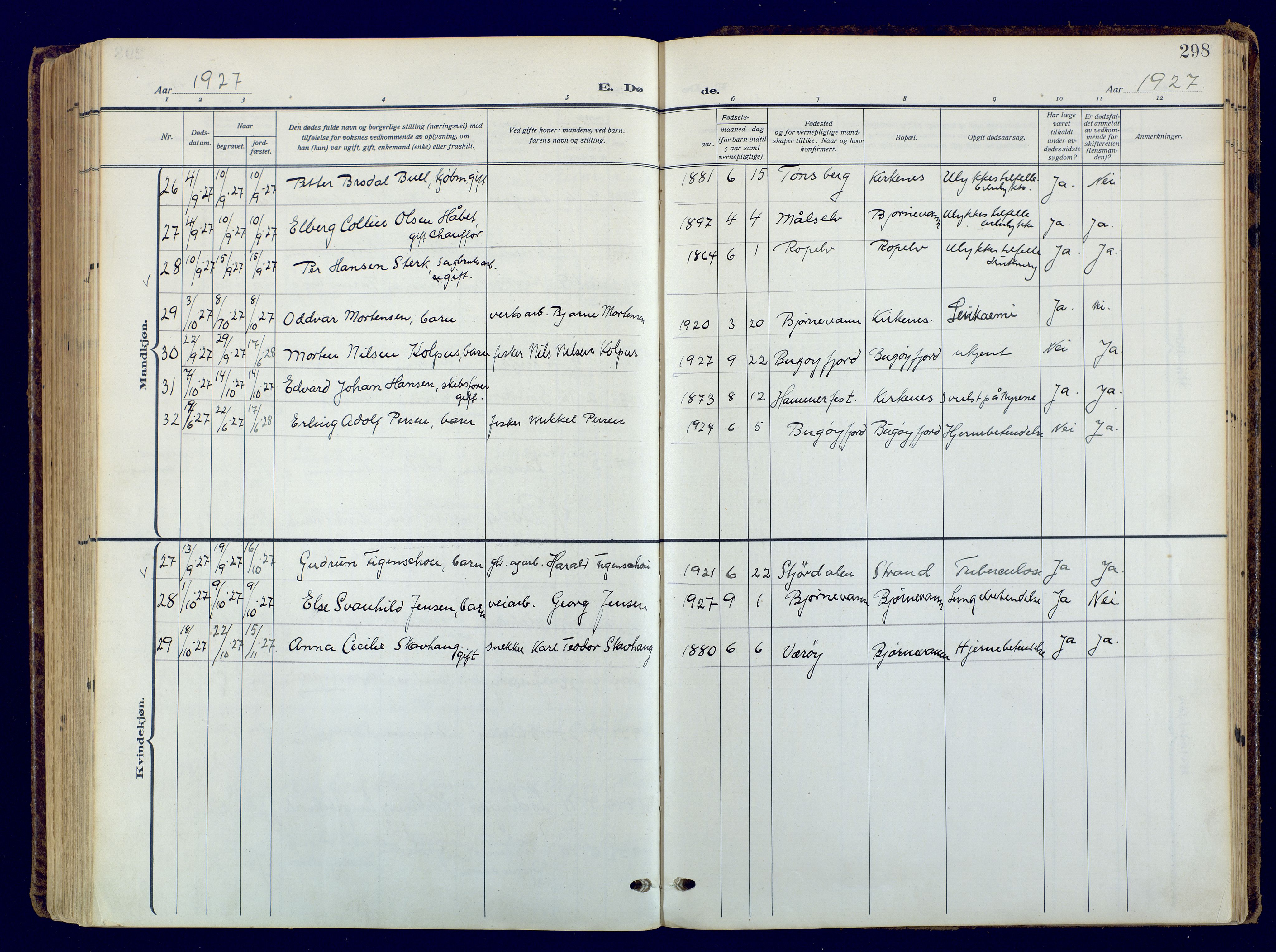 Sør-Varanger sokneprestkontor, AV/SATØ-S-1331/H/Ha/L0006kirke: Parish register (official) no. 6, 1919-1927, p. 298