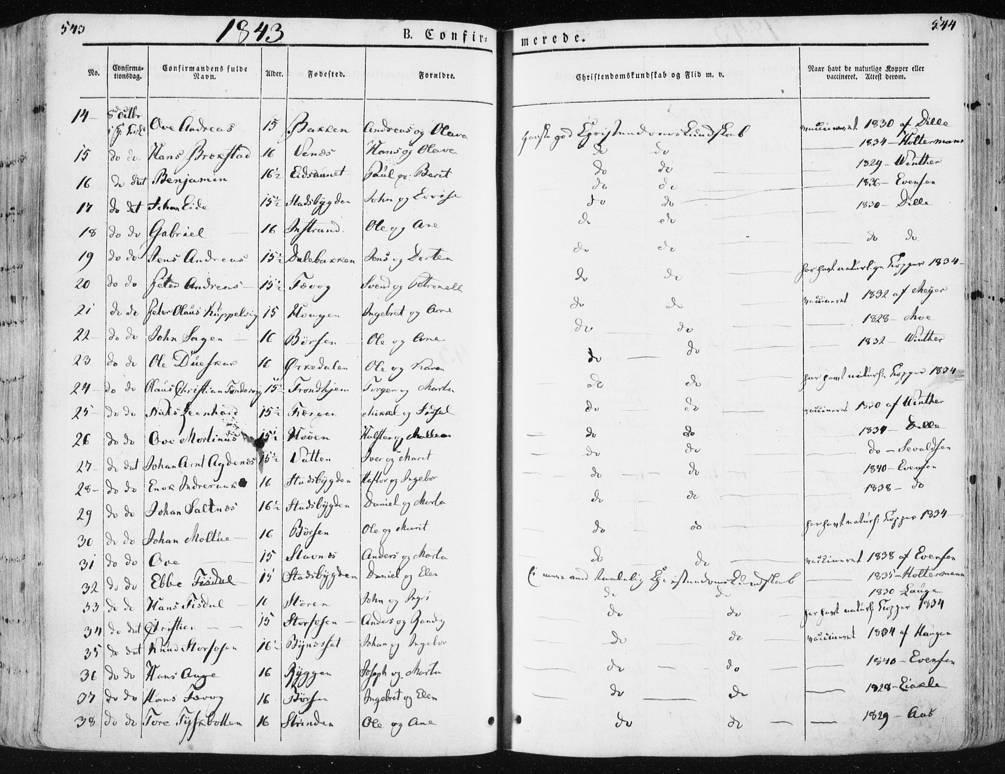 Ministerialprotokoller, klokkerbøker og fødselsregistre - Sør-Trøndelag, AV/SAT-A-1456/659/L0736: Parish register (official) no. 659A06, 1842-1856, p. 543-544