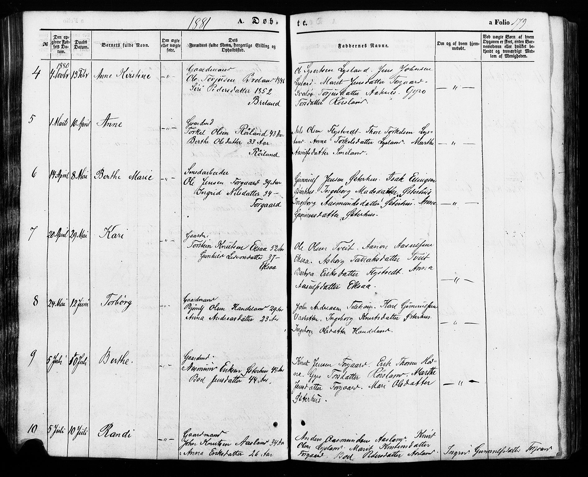 Åseral sokneprestkontor, AV/SAK-1111-0051/F/Fa/L0002: Parish register (official) no. A 2, 1854-1884, p. 179