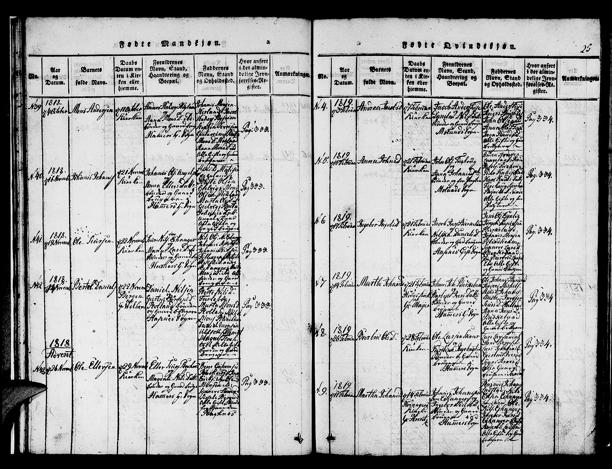 Hamre sokneprestembete, AV/SAB-A-75501/H/Ha/Hab: Parish register (copy) no. A 1, 1816-1826, p. 25