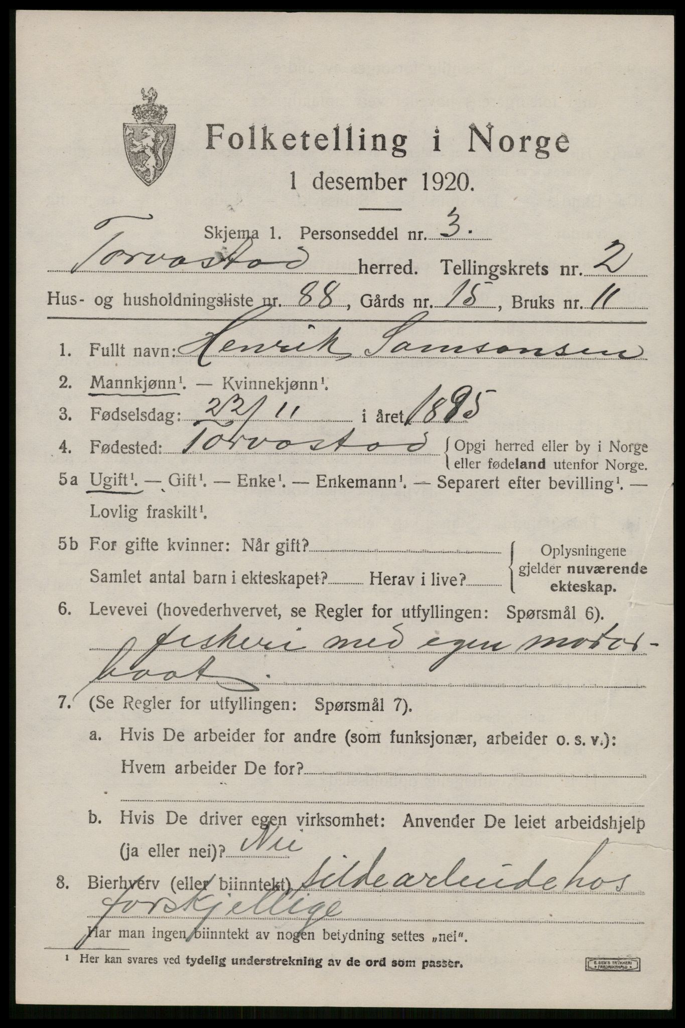 SAST, 1920 census for Torvastad, 1920, p. 2922