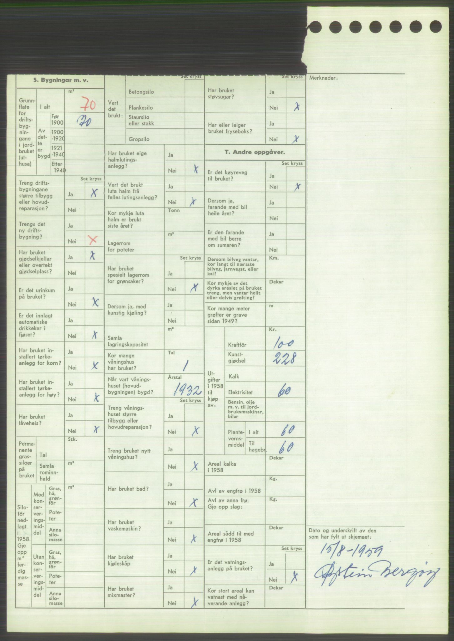 Statistisk sentralbyrå, Næringsøkonomiske emner, Jordbruk, skogbruk, jakt, fiske og fangst, AV/RA-S-2234/G/Gd/L0373: Rogaland: 1130 Strand (kl. 1-2), 1131 Årdal og 1132 Fister, 1959, p. 1806