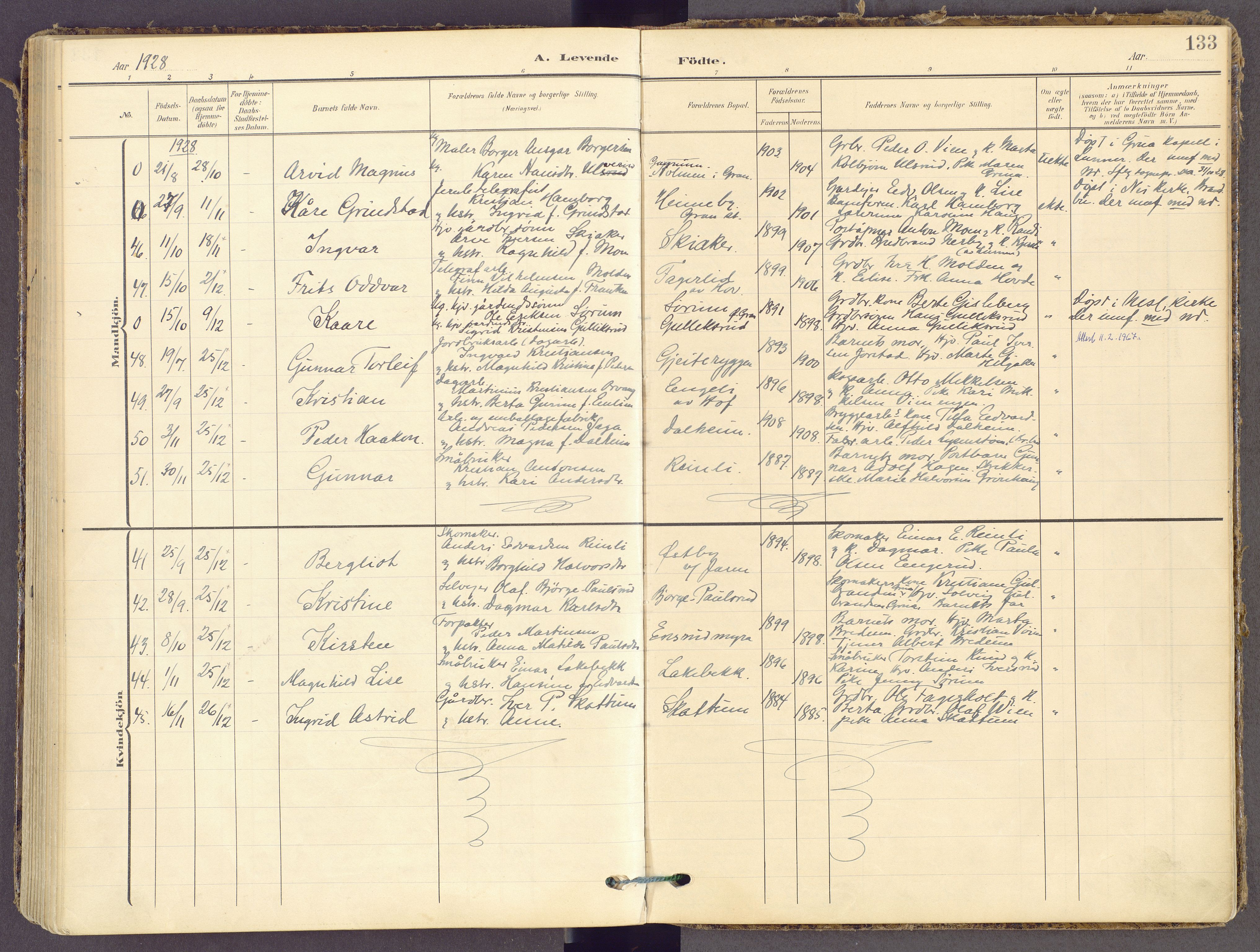 Gran prestekontor, SAH/PREST-112/H/Ha/Haa/L0021: Parish register (official) no. 21, 1908-1932, p. 133