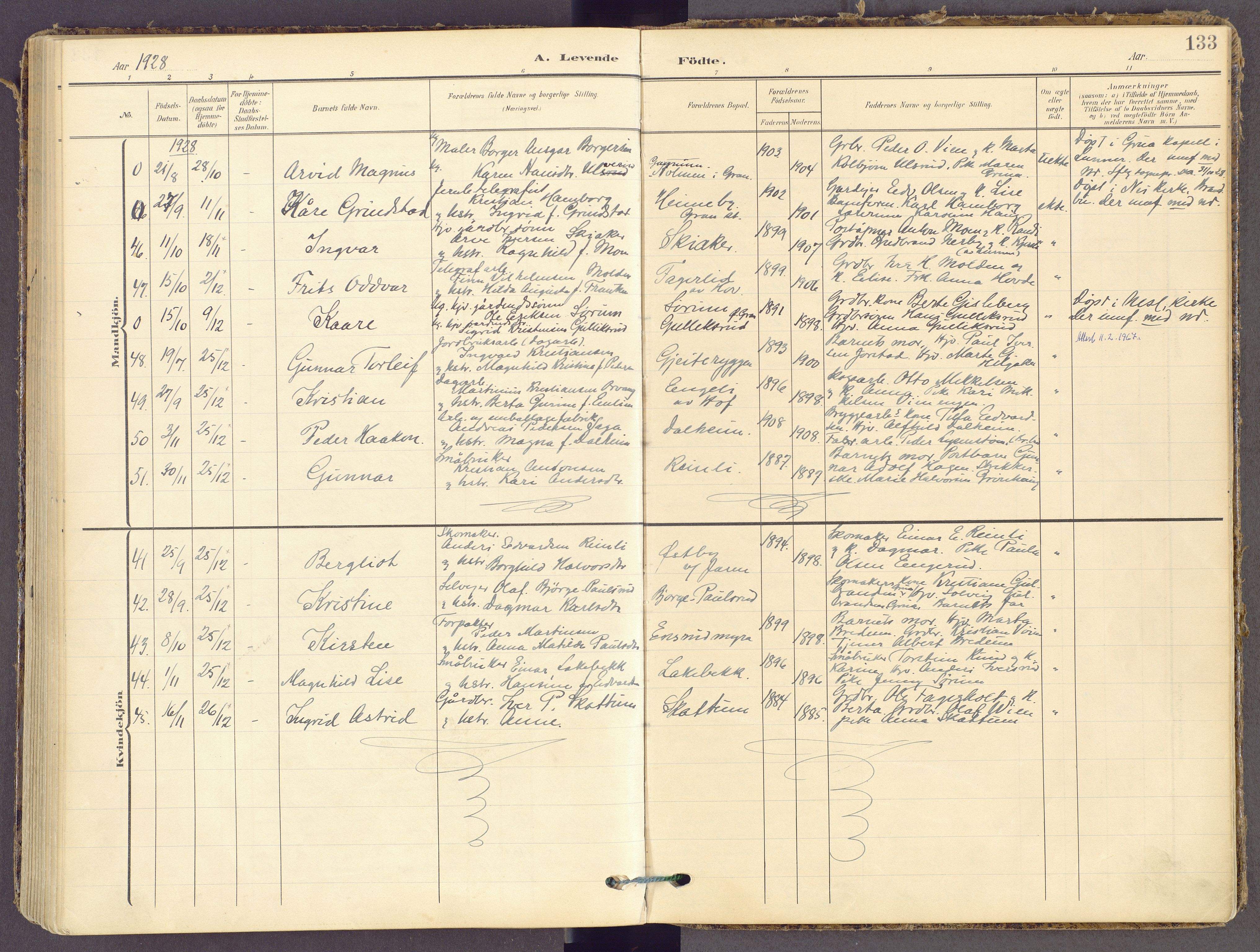 Gran prestekontor, AV/SAH-PREST-112/H/Ha/Haa/L0021: Parish register (official) no. 21, 1908-1932, p. 133