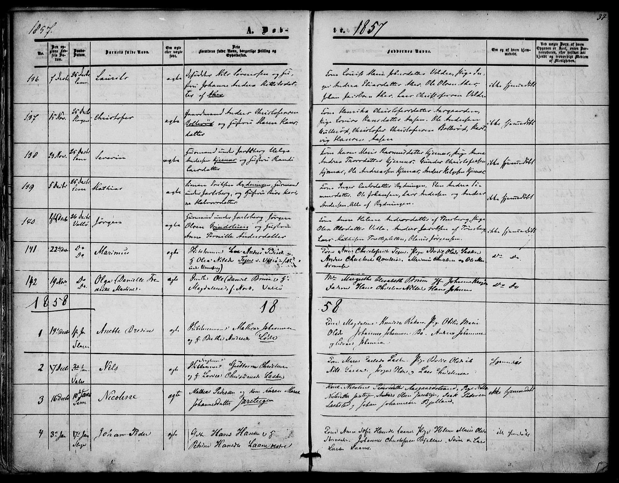 Sem kirkebøker, AV/SAKO-A-5/F/Fa/L0007: Parish register (official) no. I 7, 1856-1865, p. 37