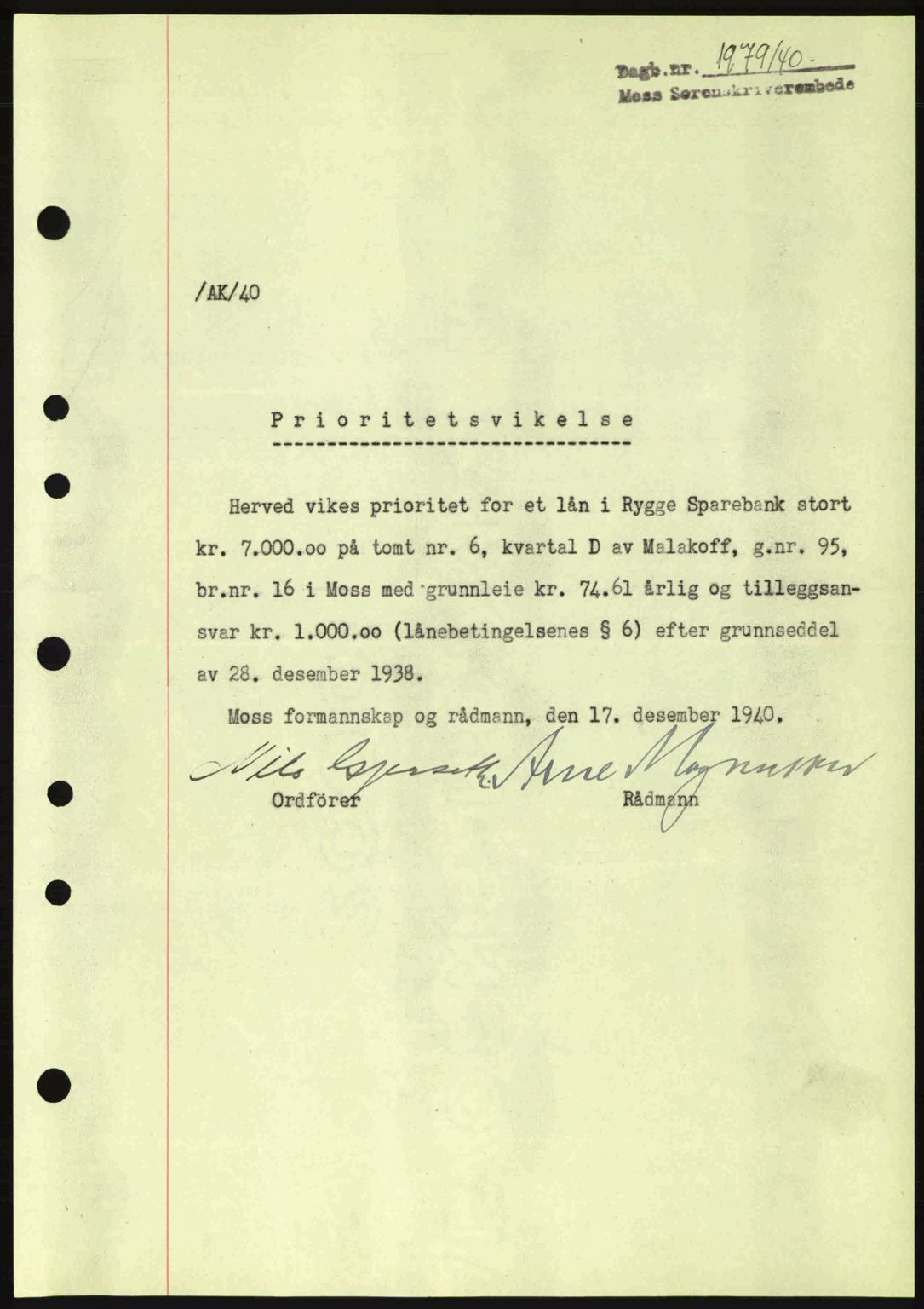 Moss sorenskriveri, SAO/A-10168: Mortgage book no. B10, 1940-1941, Diary no: : 1979/1940