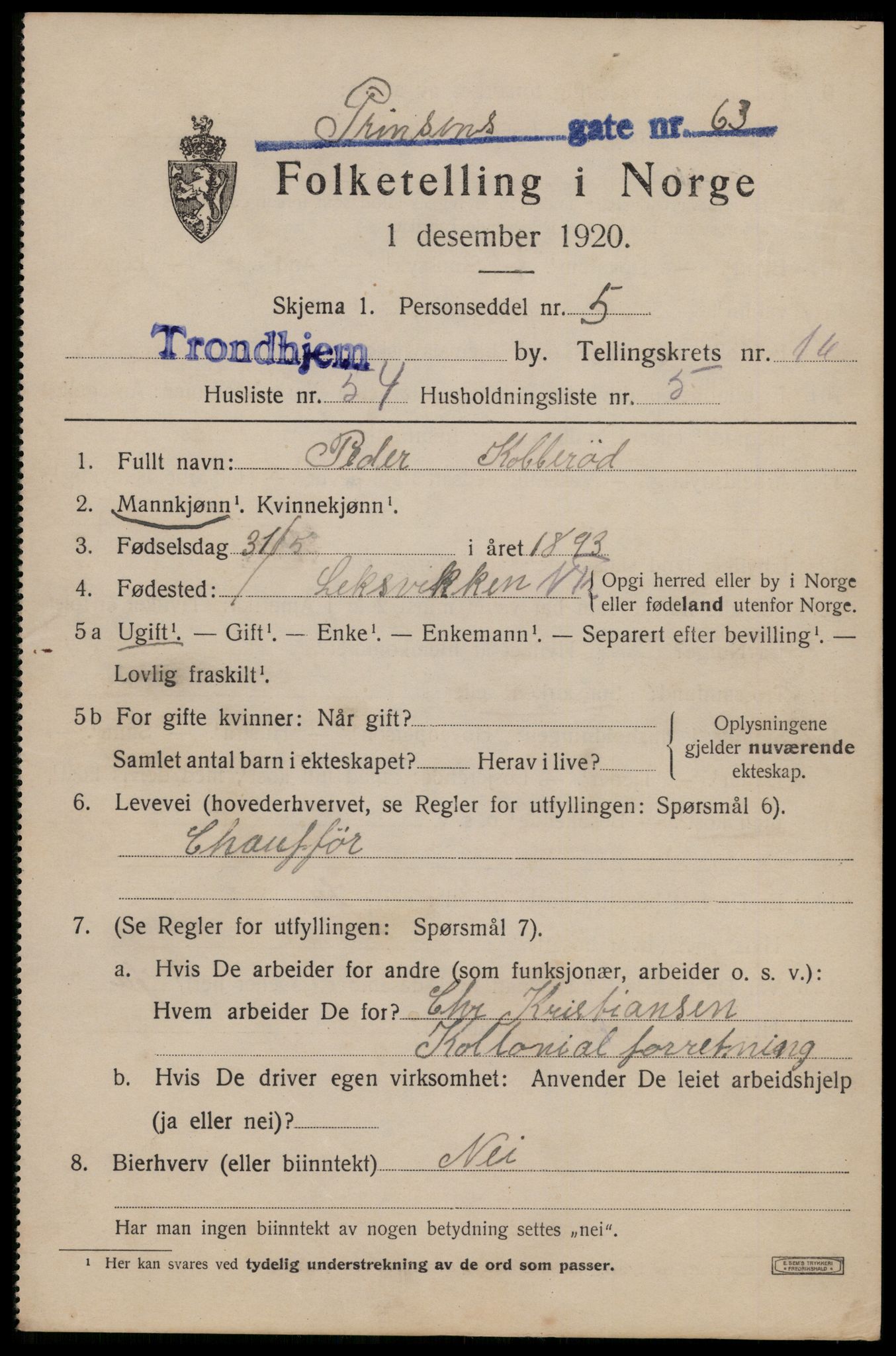 SAT, 1920 census for Trondheim, 1920, p. 54578
