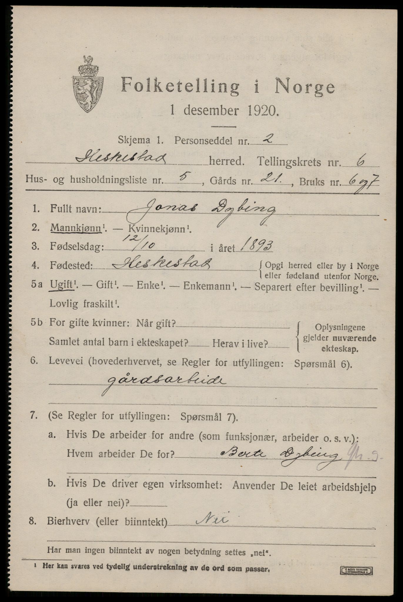 SAST, 1920 census for Heskestad, 1920, p. 2041