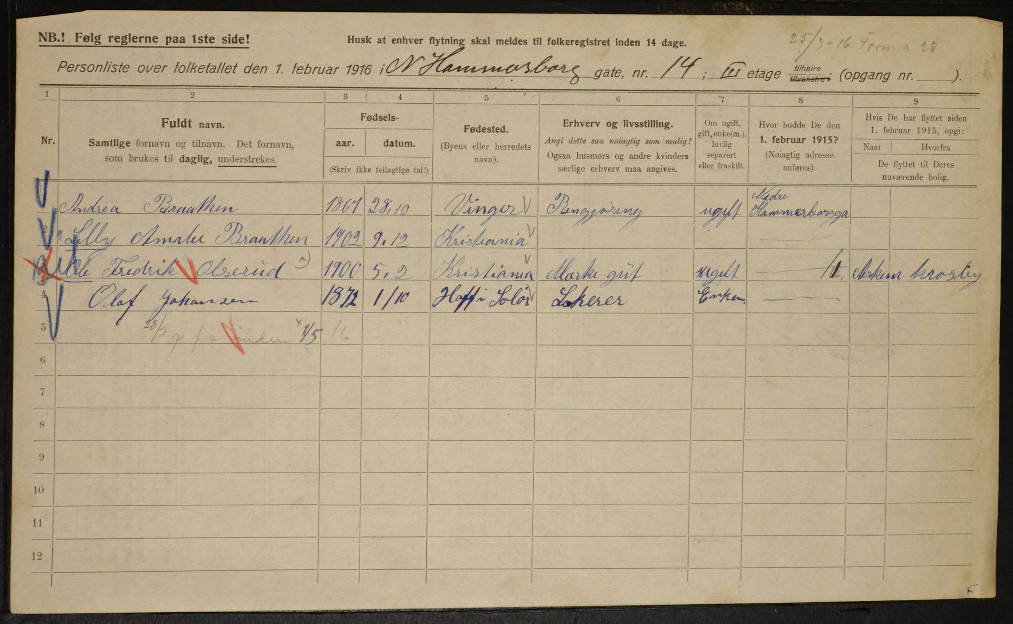 OBA, Municipal Census 1916 for Kristiania, 1916, p. 71164