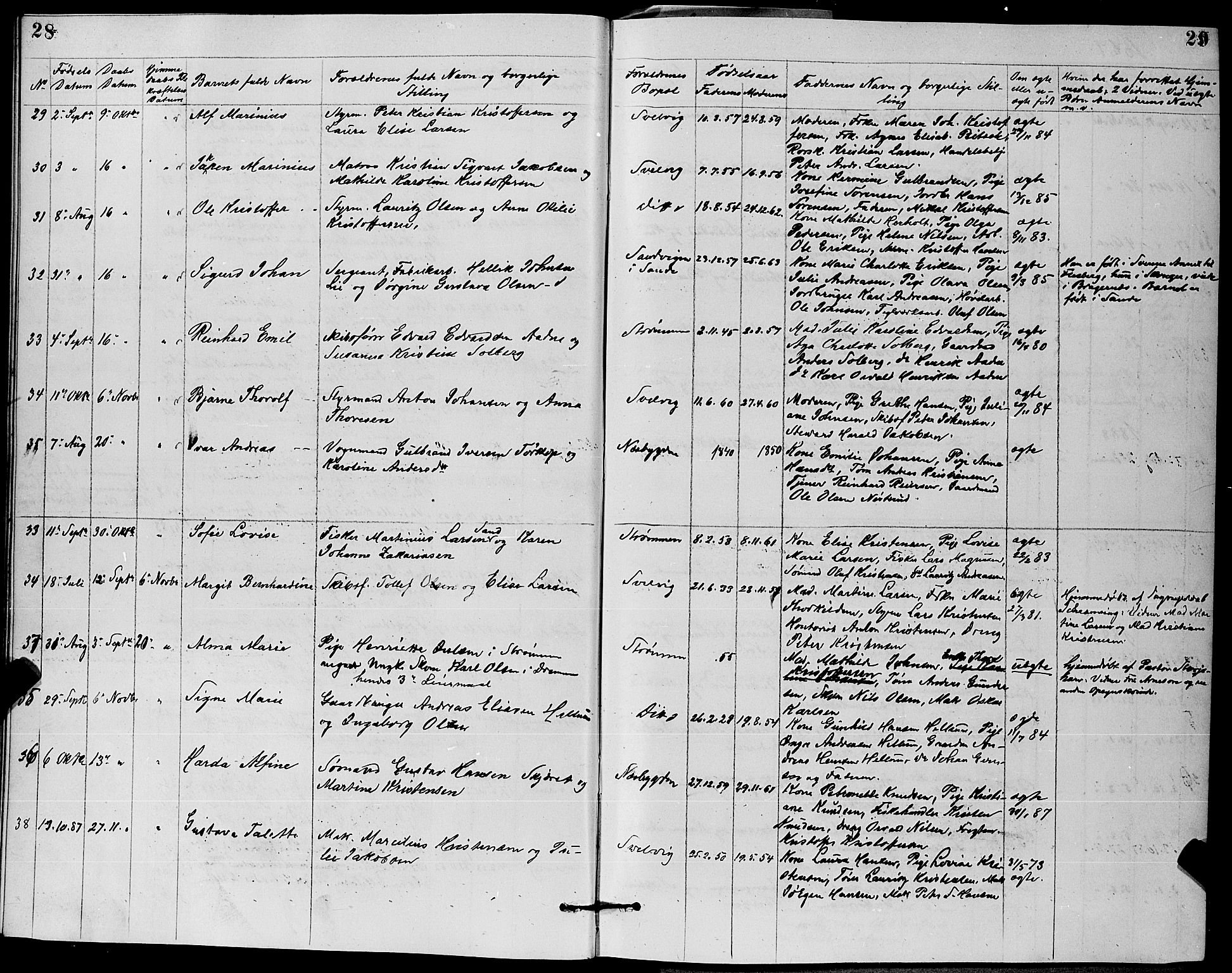 Strømm kirkebøker, AV/SAKO-A-322/G/Ga/L0002: Parish register (copy) no. I 2, 1885-1888, p. 28-29