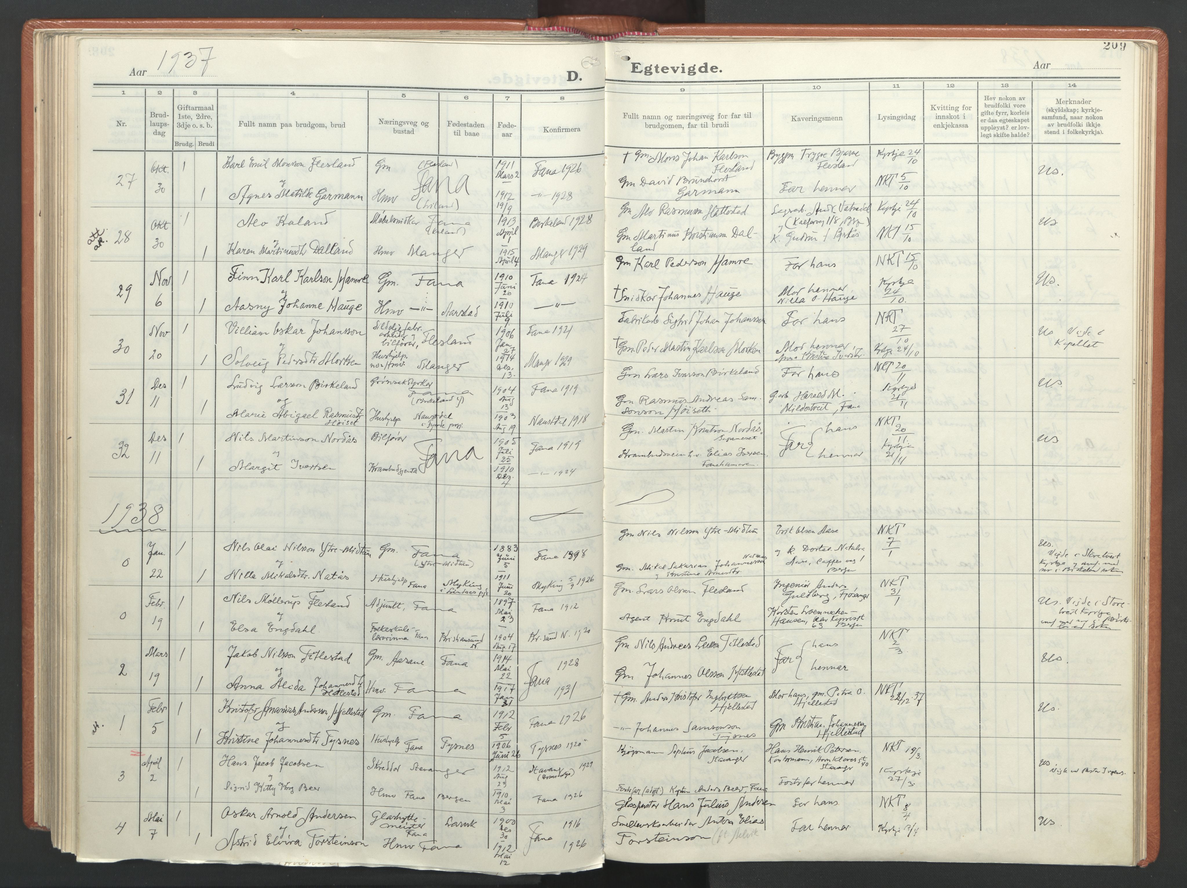 Fana Sokneprestembete, SAB/A-75101/H/Haa/Haab/L0007: Parish register (official) no. B 7, 1934-1947, p. 209