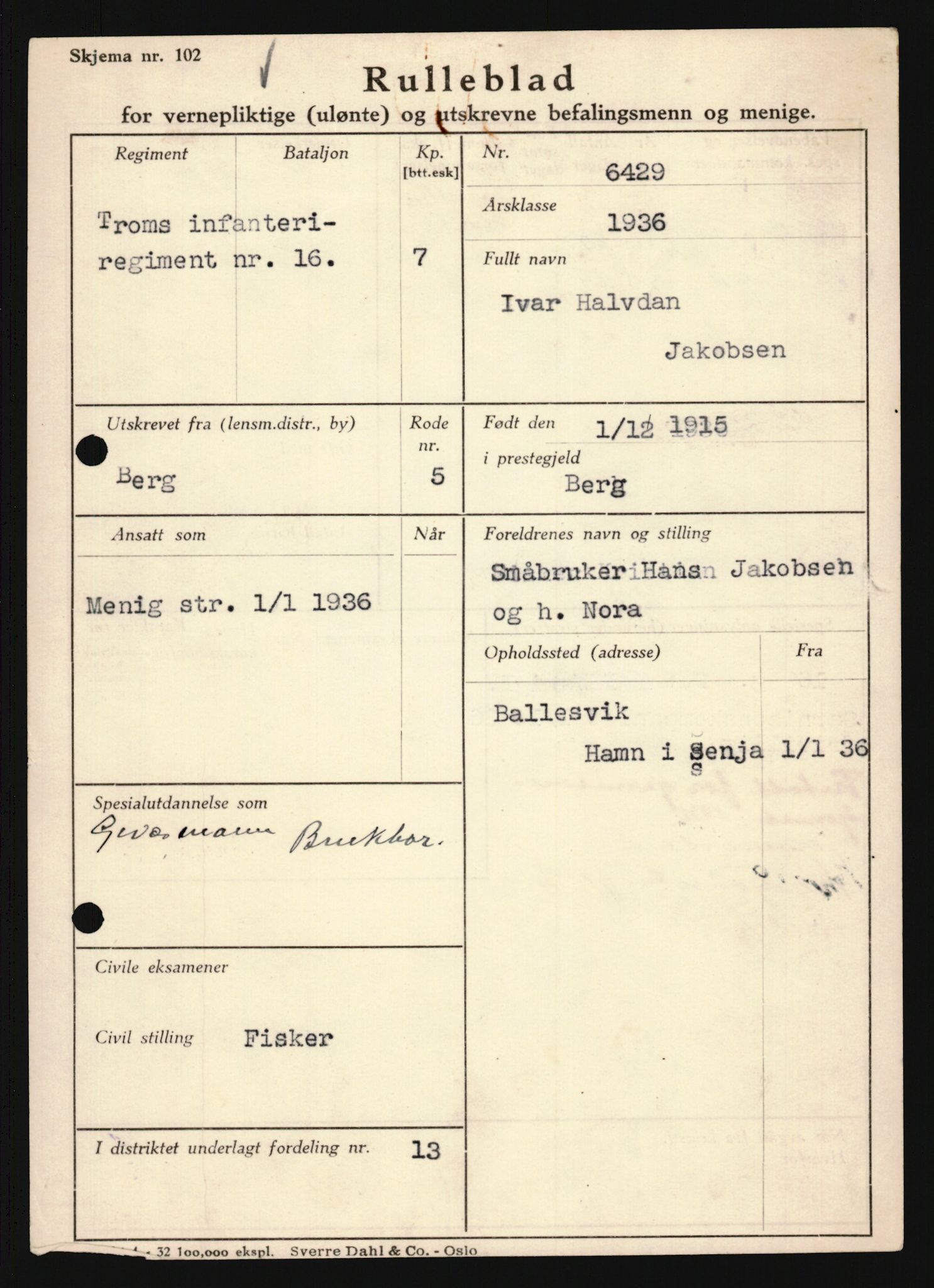 Forsvaret, Troms infanteriregiment nr. 16, AV/RA-RAFA-3146/P/Pa/L0020: Rulleblad for regimentets menige mannskaper, årsklasse 1936, 1936, p. 529
