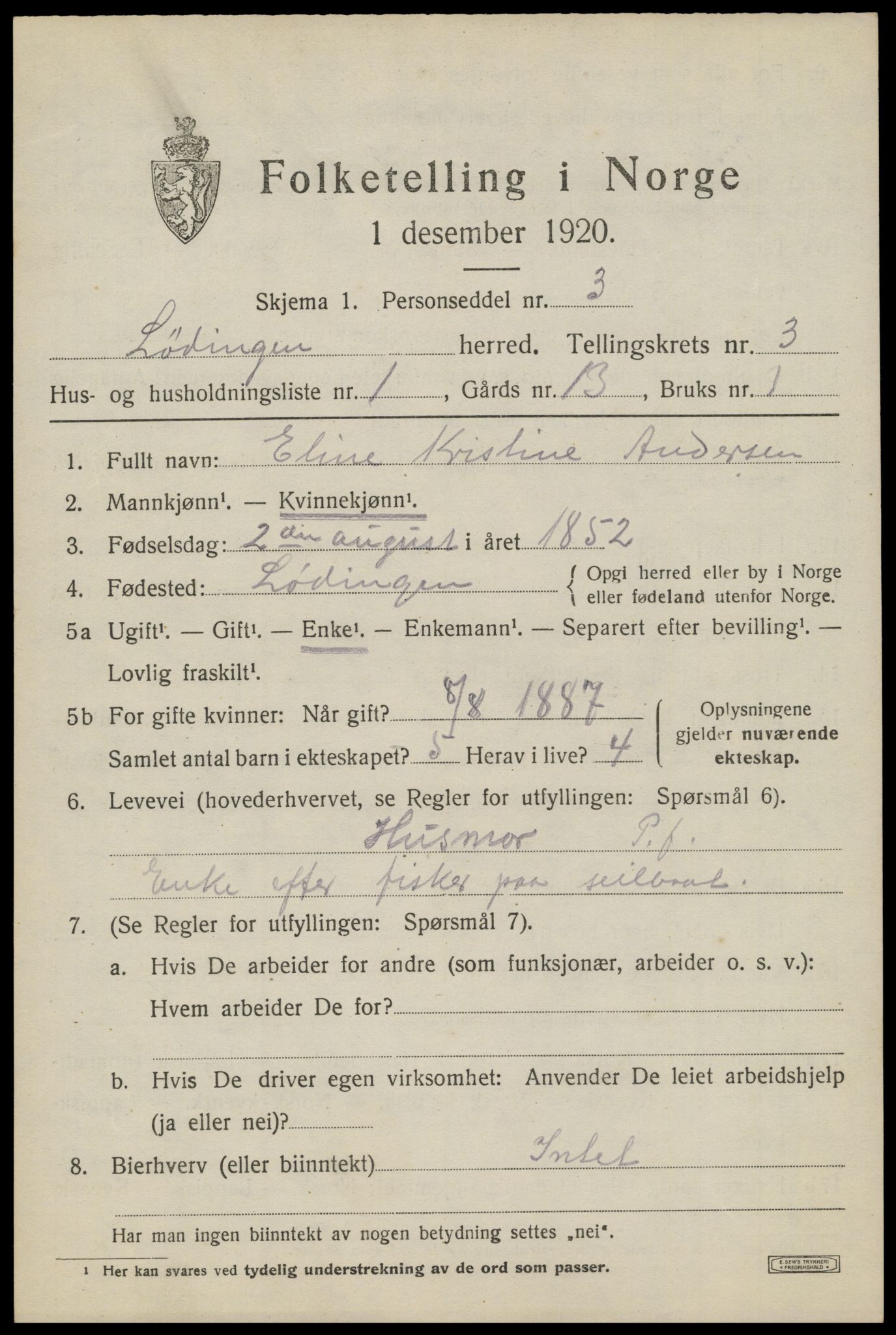 SAT, 1920 census for Lødingen, 1920, p. 2073