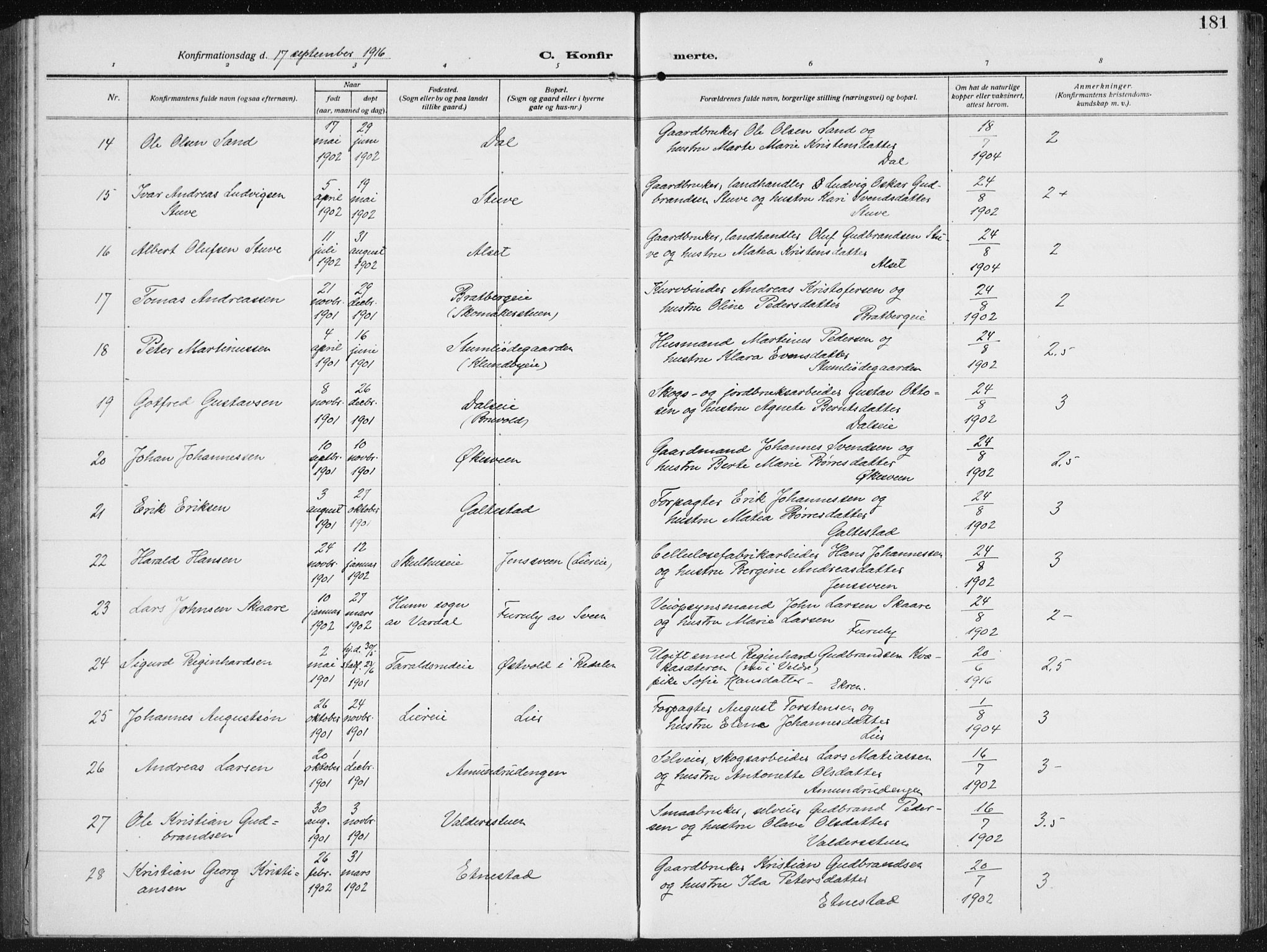 Biri prestekontor, AV/SAH-PREST-096/H/Ha/Hab/L0006: Parish register (copy) no. 6, 1909-1938, p. 181