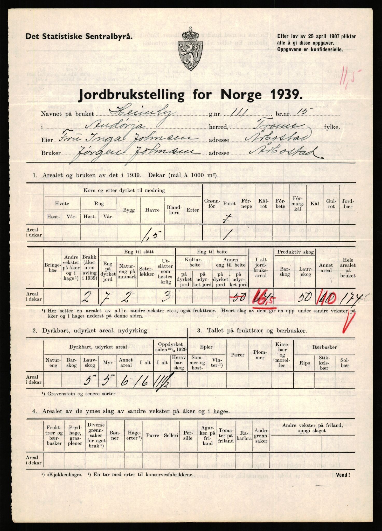 Statistisk sentralbyrå, Næringsøkonomiske emner, Jordbruk, skogbruk, jakt, fiske og fangst, AV/RA-S-2234/G/Gb/L0339: Troms: Andørja, Astafjord og Lavangen, 1939, p. 486