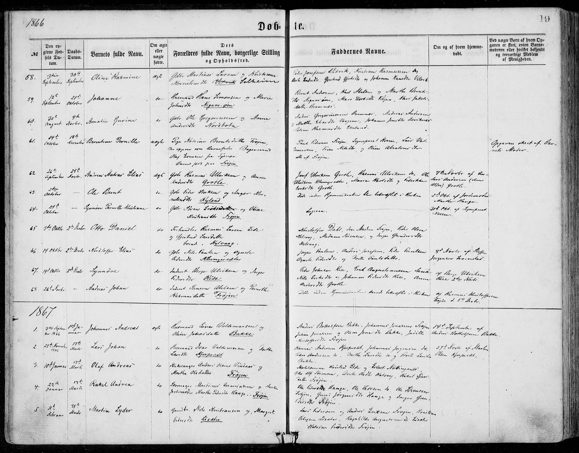Bremanger sokneprestembete, SAB/A-82201/H/Haa/Haaa/L0001: Parish register (official) no. A  1, 1864-1883, p. 19