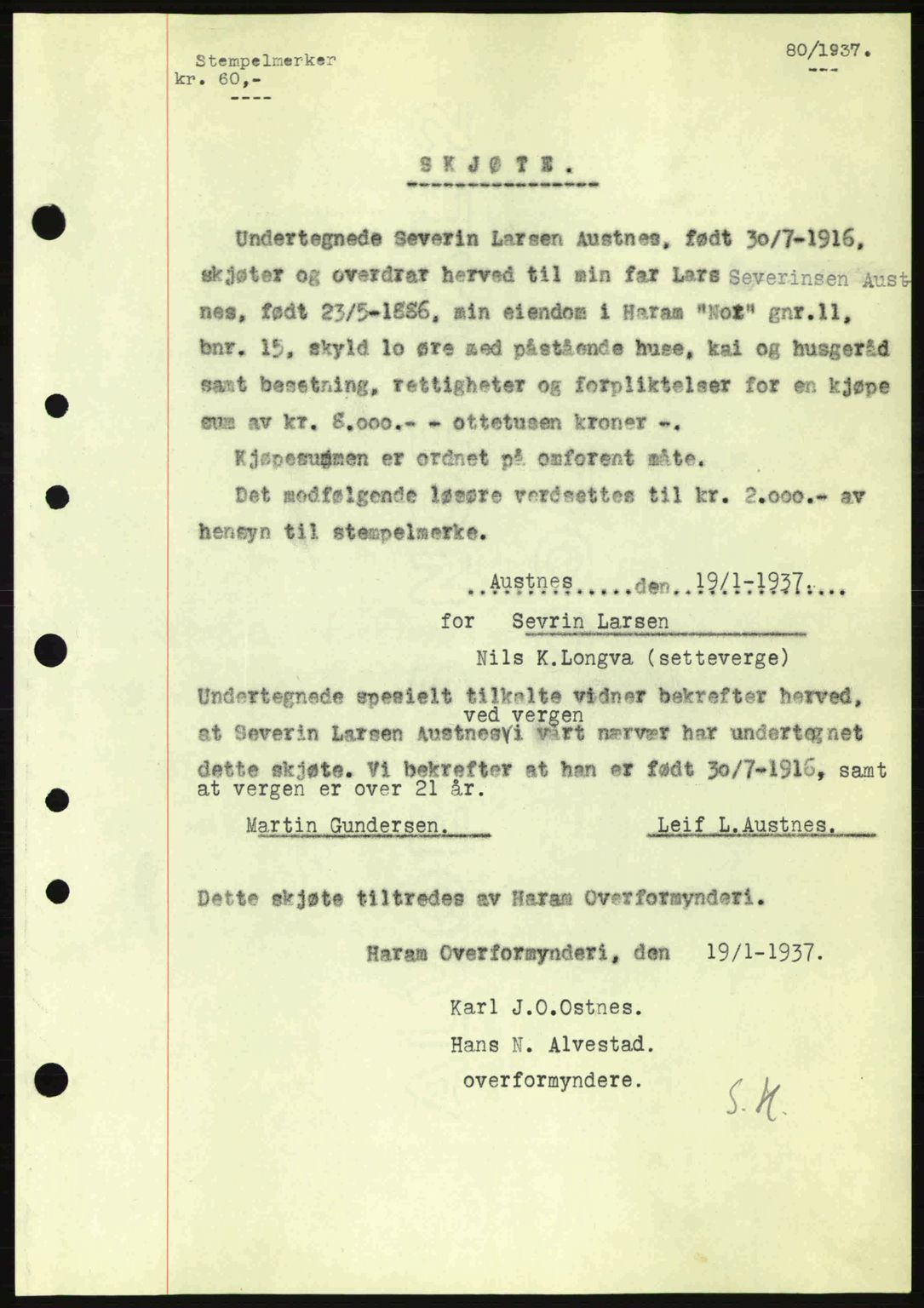 Nordre Sunnmøre sorenskriveri, AV/SAT-A-0006/1/2/2C/2Ca: Mortgage book no. A2, 1936-1937, Diary no: : 80/1937