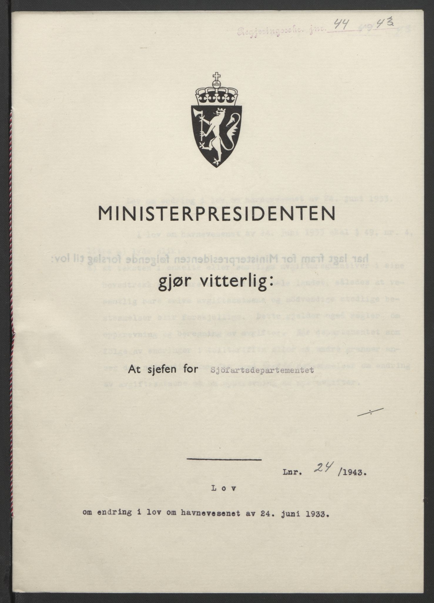 NS-administrasjonen 1940-1945 (Statsrådsekretariatet, de kommisariske statsråder mm), RA/S-4279/D/Db/L0099: Lover, 1943, p. 97