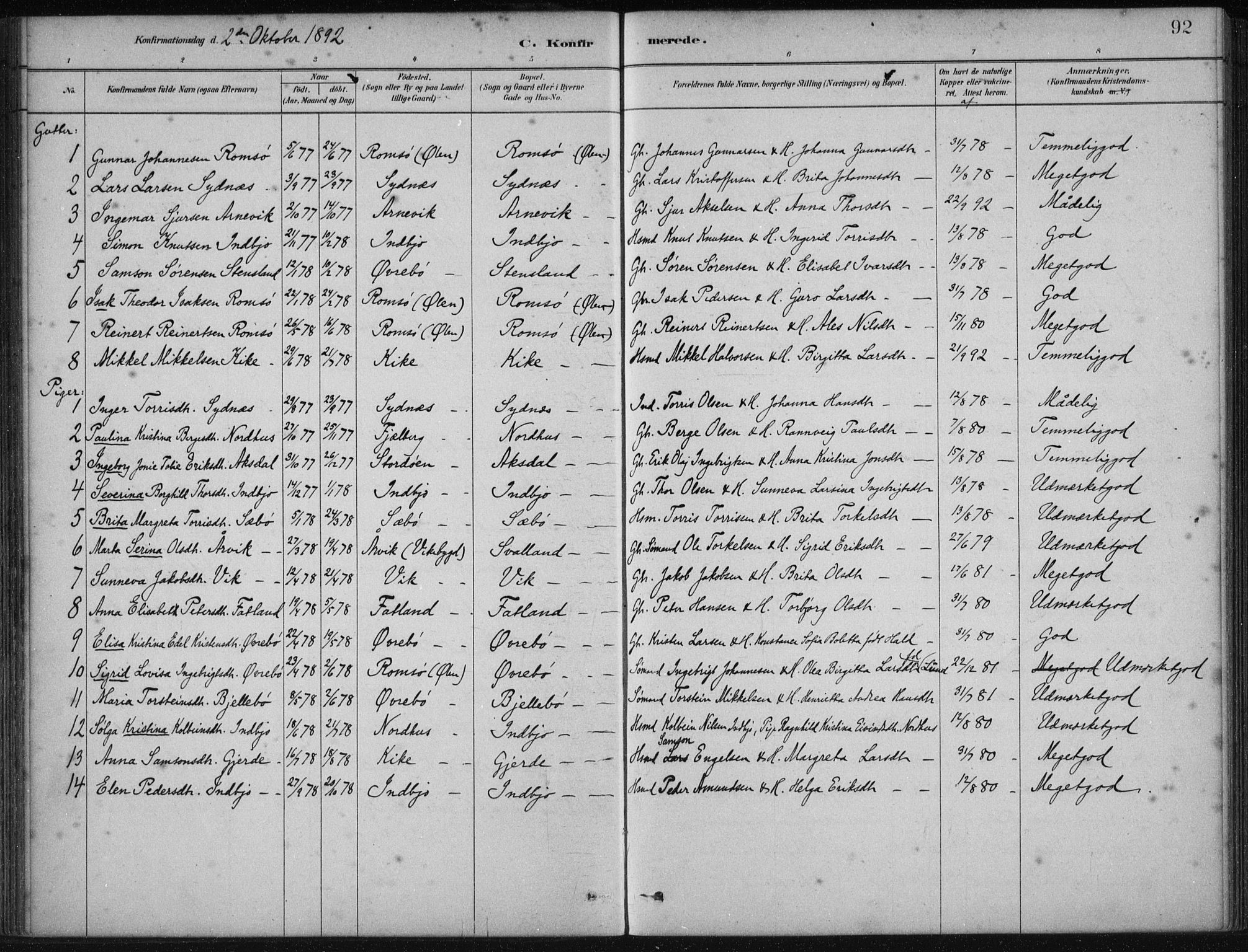 Fjelberg sokneprestembete, SAB/A-75201/H/Haa: Parish register (official) no. B  1, 1879-1919, p. 92