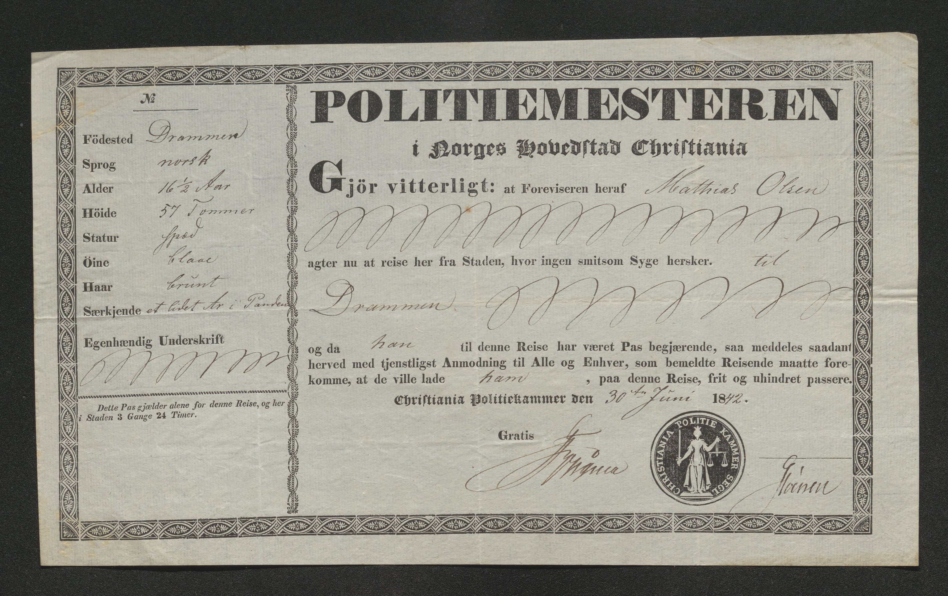 Drammen politikammer, AV/SAKO-A-623/I/Ia/Iab/L0006: Innleverte pass, 1841-1842, p. 533