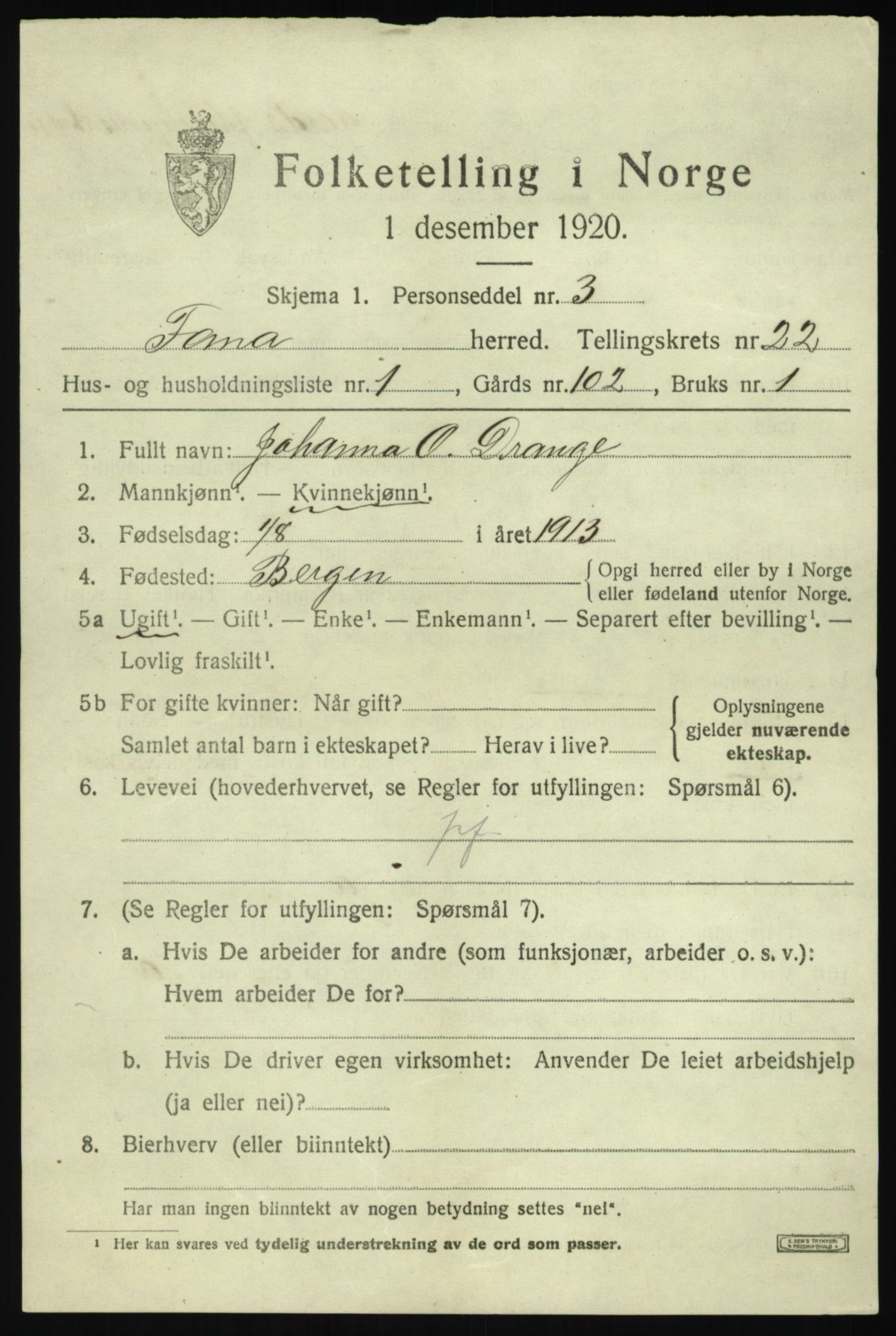 SAB, 1920 census for Fana, 1920, p. 25535