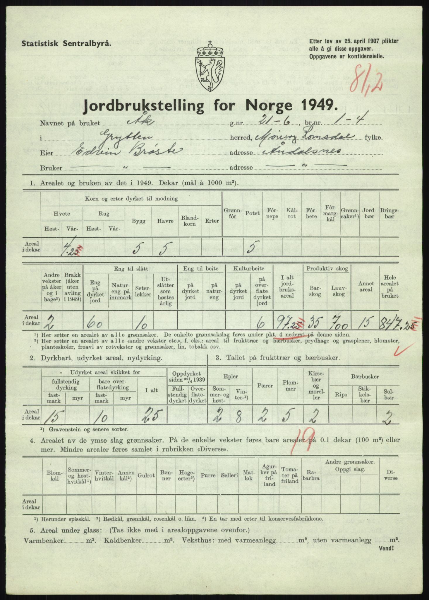 Statistisk sentralbyrå, Næringsøkonomiske emner, Jordbruk, skogbruk, jakt, fiske og fangst, AV/RA-S-2234/G/Gc/L0323: Møre og Romsdal: Grytten og Hen, 1949, p. 335